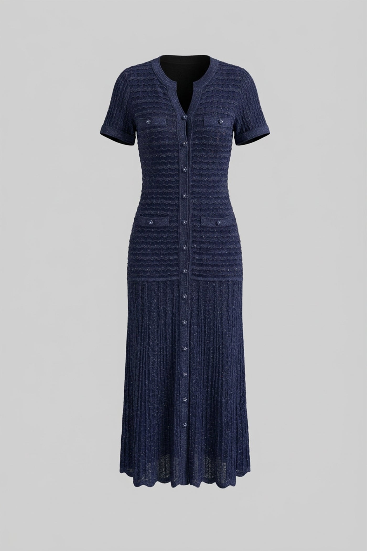Abito midi a maniche corte con tessuto a maglia scintillante - Navy 