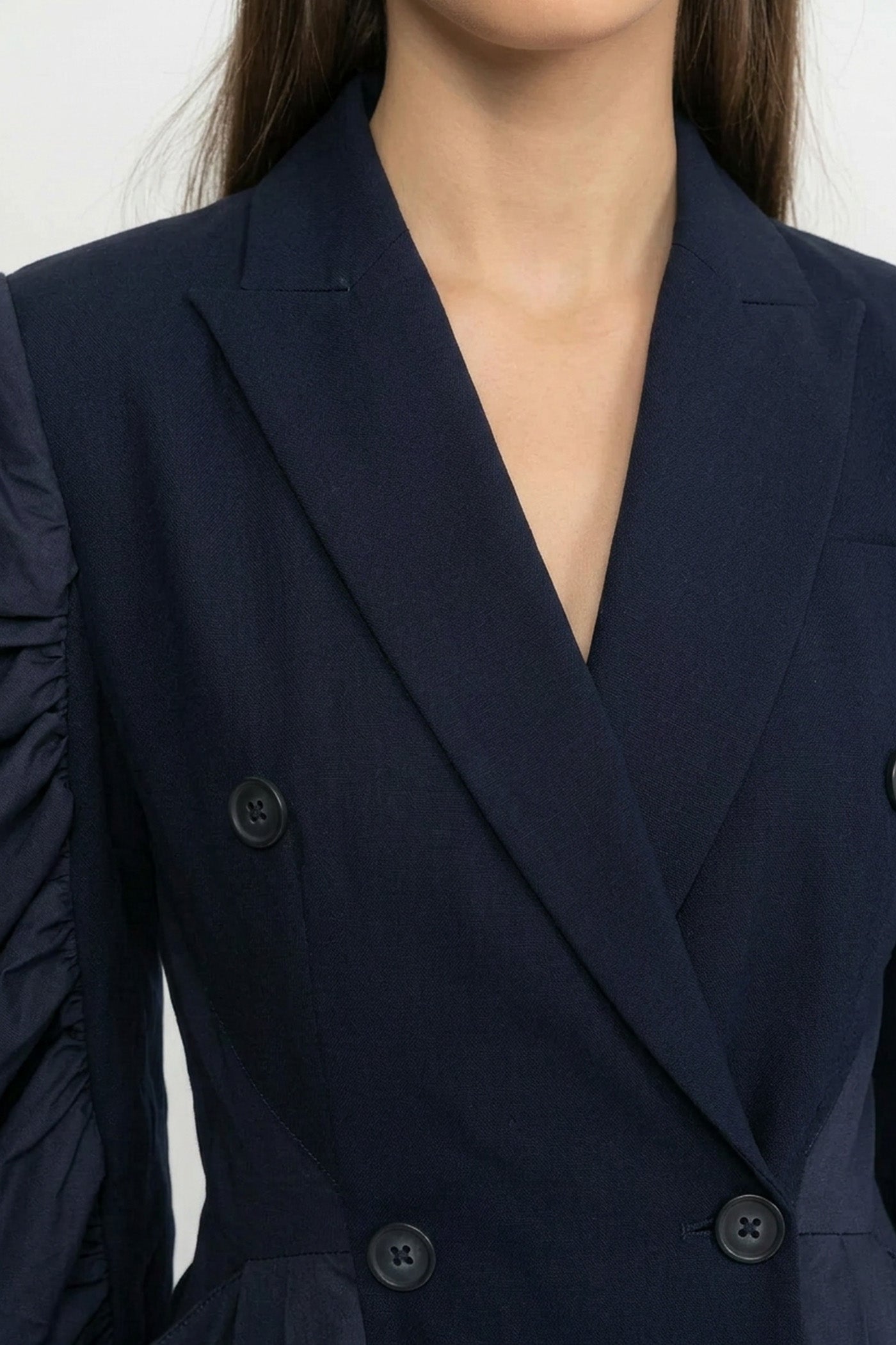 Abito Midi Doppiopetto con Maniche Voluminose Arricciate - Navy 