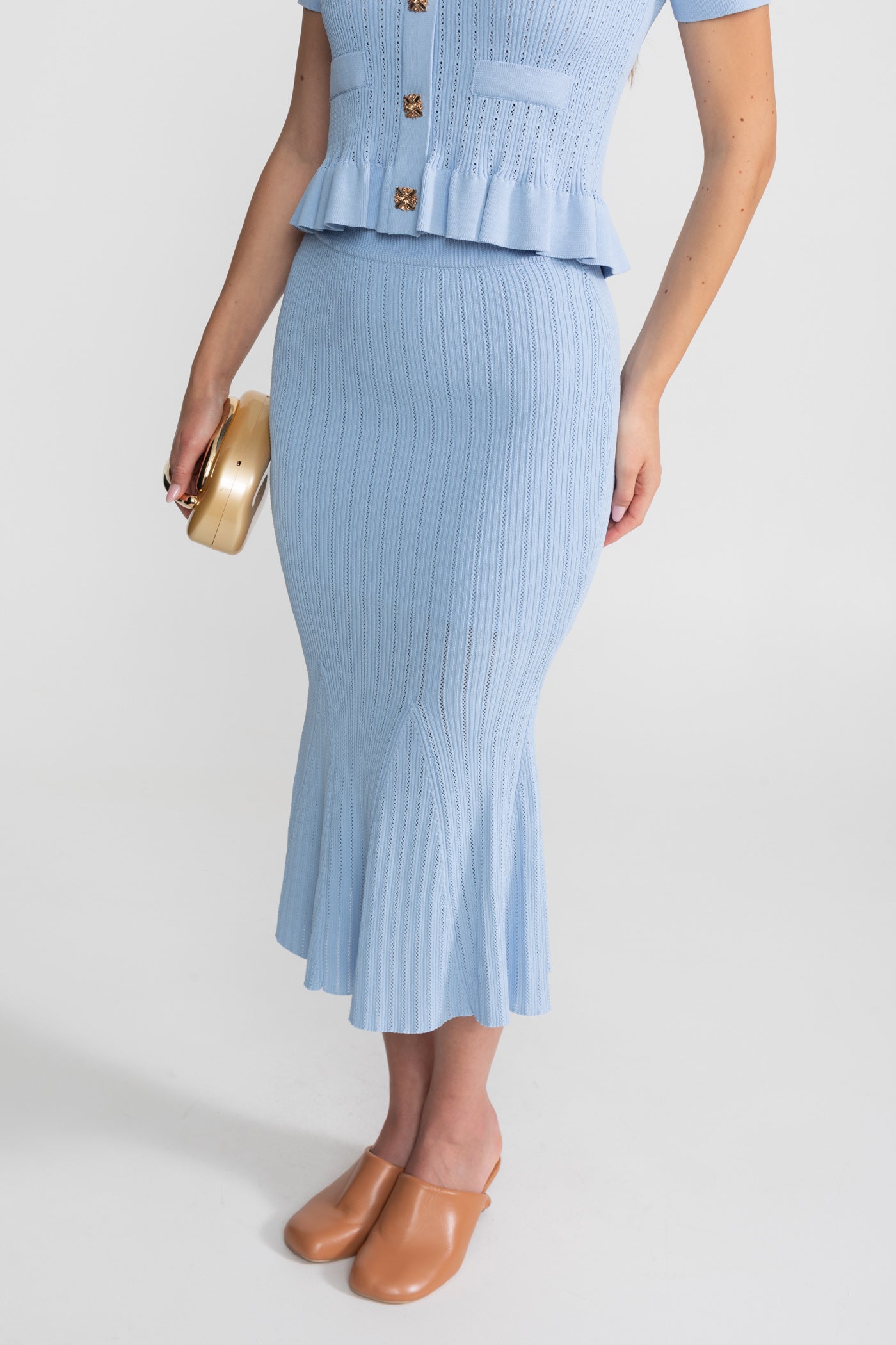Knit Midi Co-Ord with Peplum Waist and Gold Buttons  – Baby Blue
