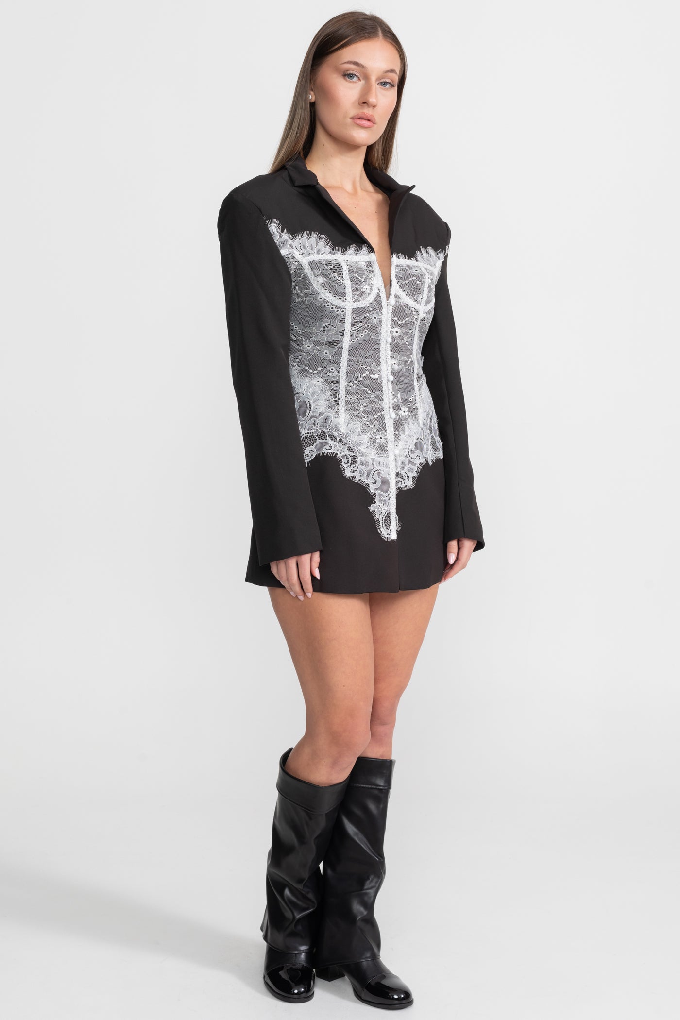 Lace Corset Blazer Dress With Deep V-neckline  – Black