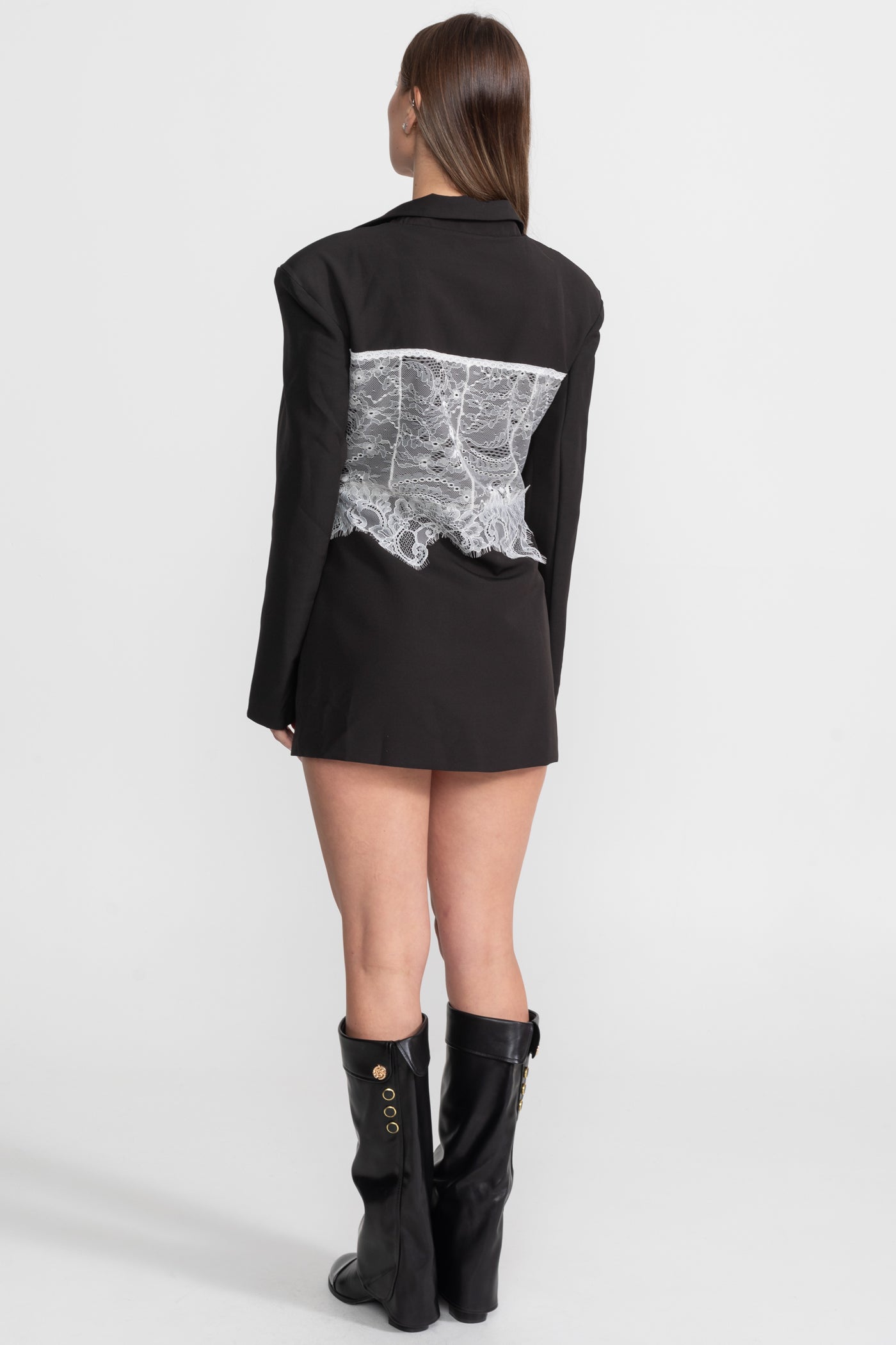 Abito Blazer con Corsetto in Pizzo e Scollo Profondo a V – Nero 