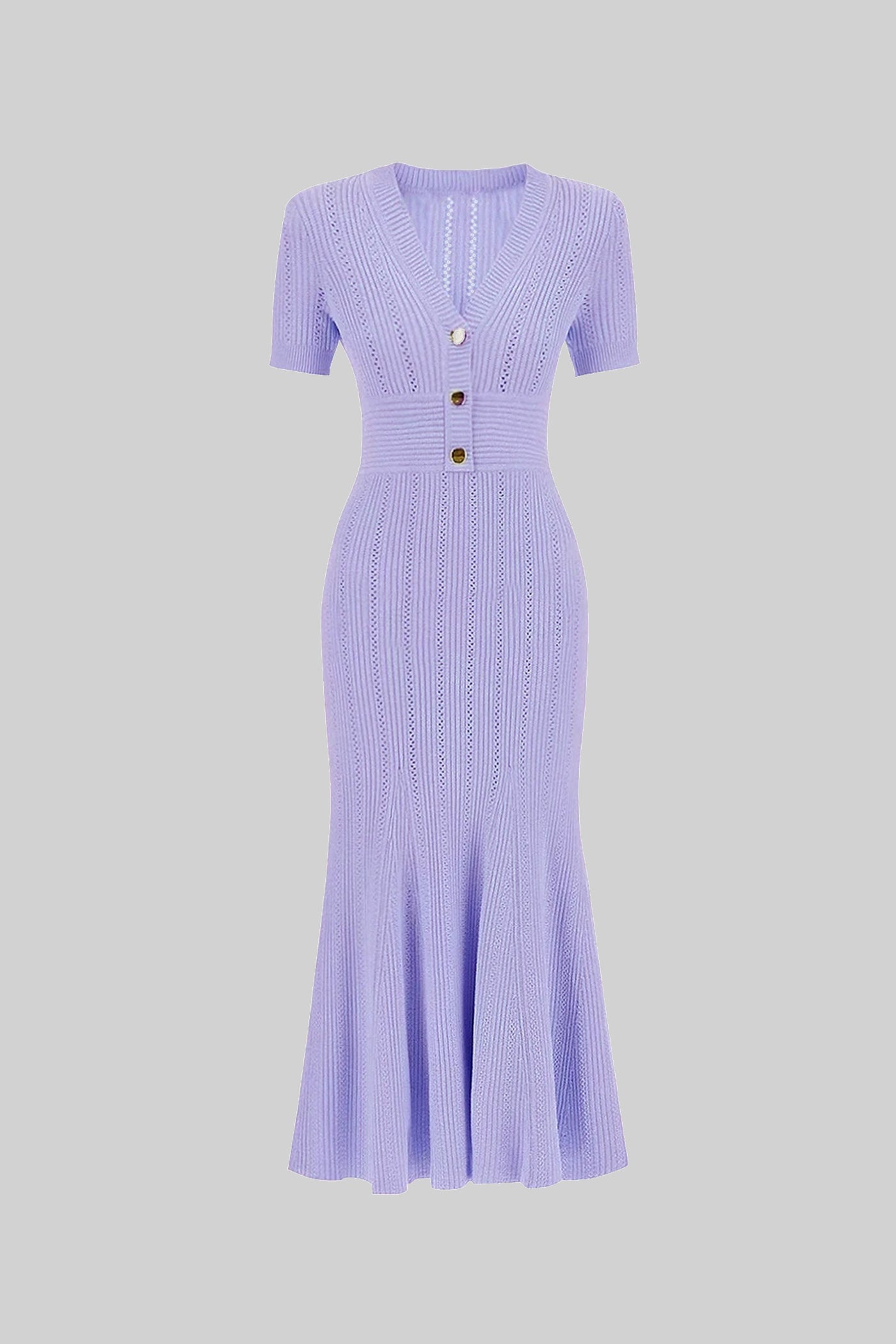 Ribbed Short Sleeve Midi Dress With Gold Button V-Neckline - Lilac