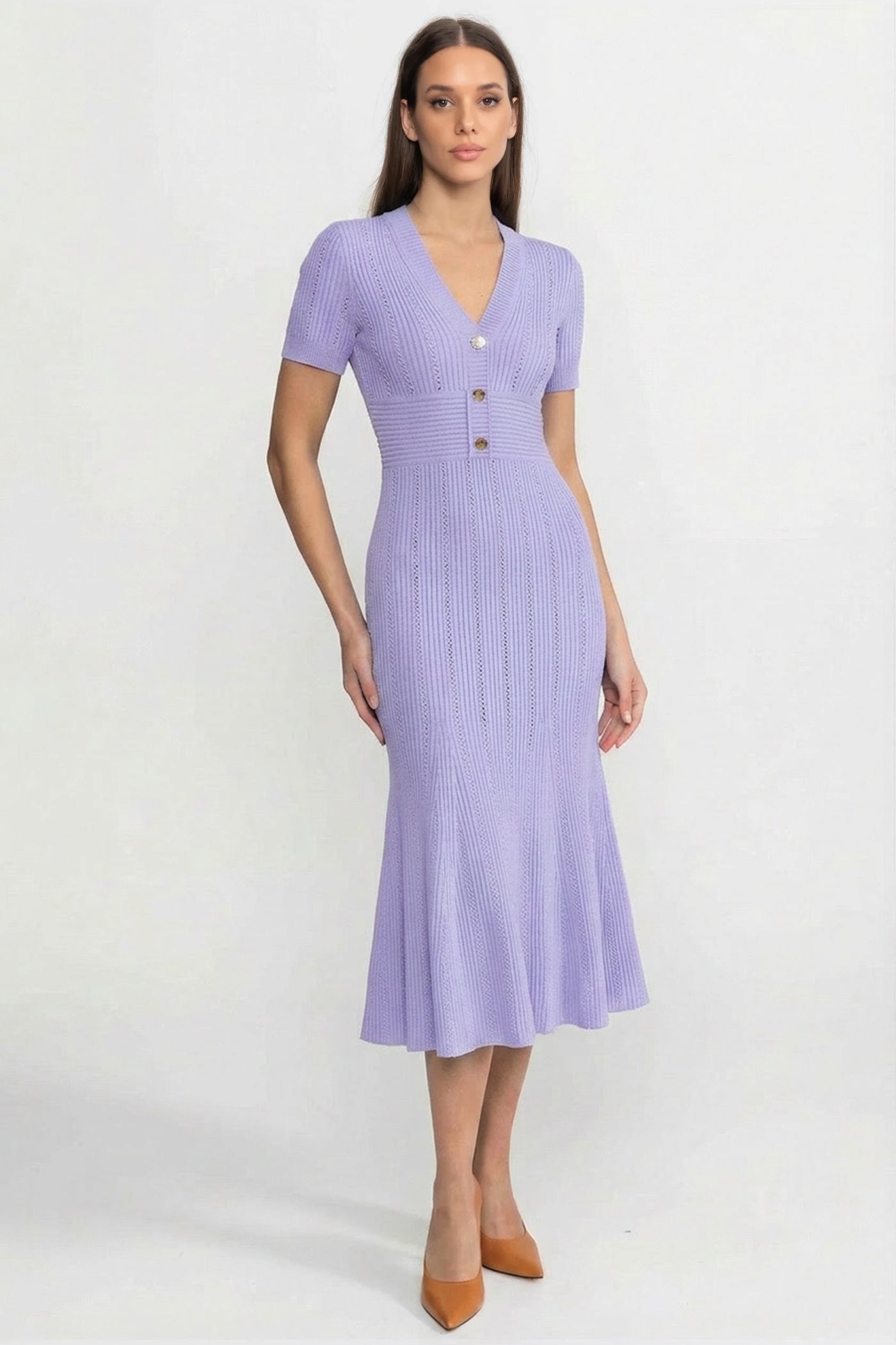 Ribbed Short Sleeve Midi Dress With Gold Button V-Neckline - Lilac