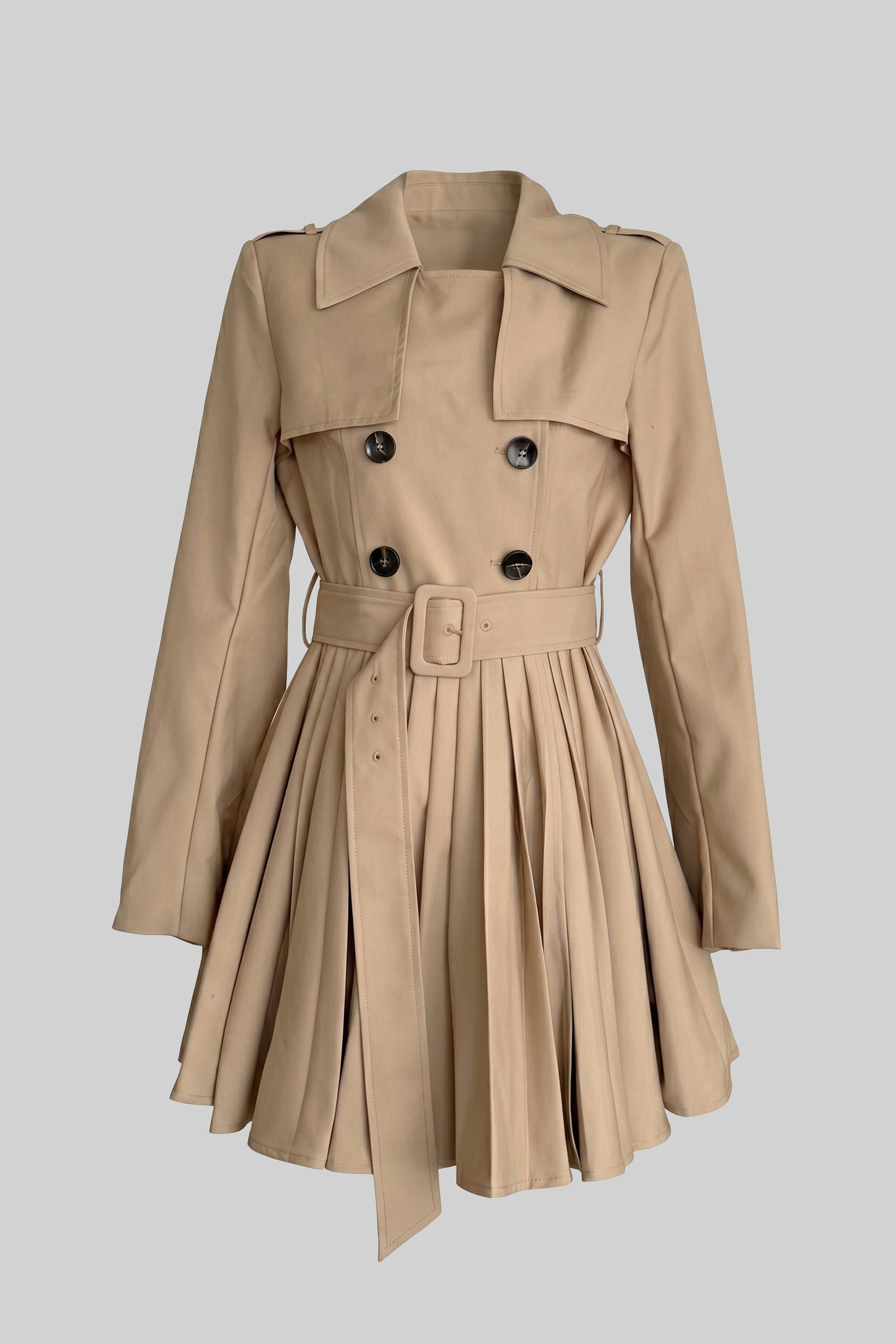 Trench coat doppiopetto con cintura e gonna plissettata - Khaki 