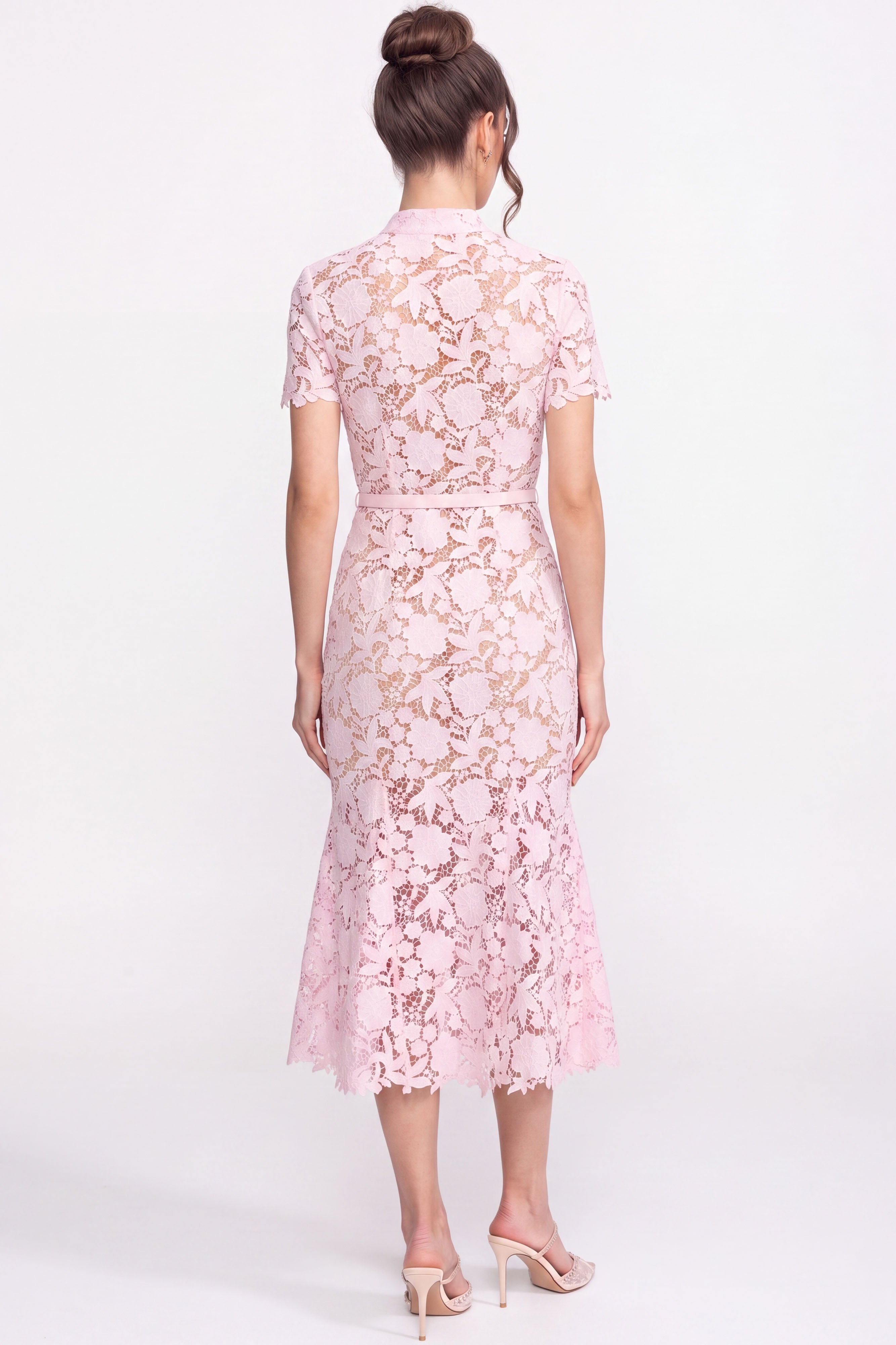 Lace Short Sleeve Midi Dress With Collared Neckline And Belted Waist - Pink