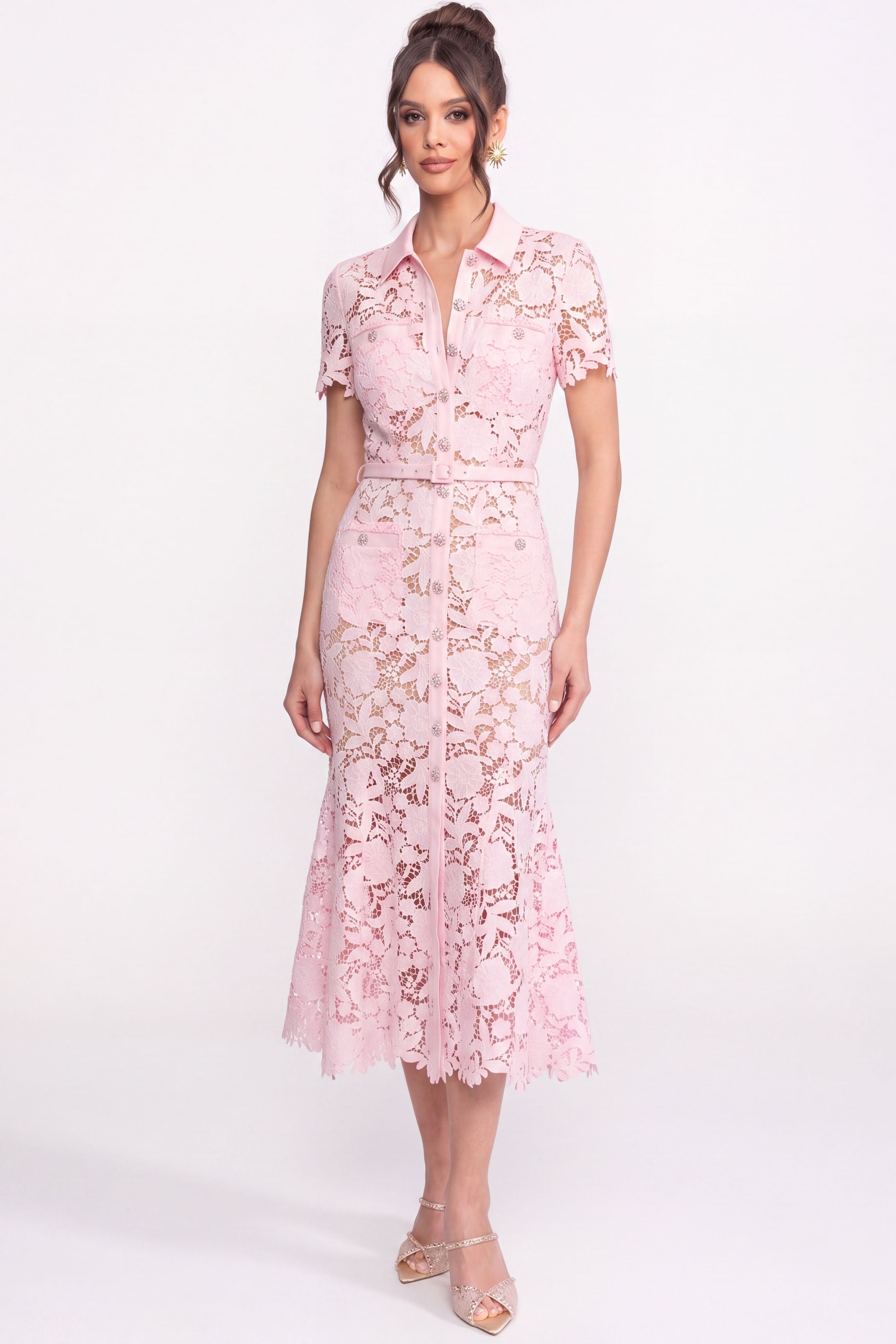 Lace Short Sleeve Midi Dress With Collared Neckline And Belted Waist - Pink