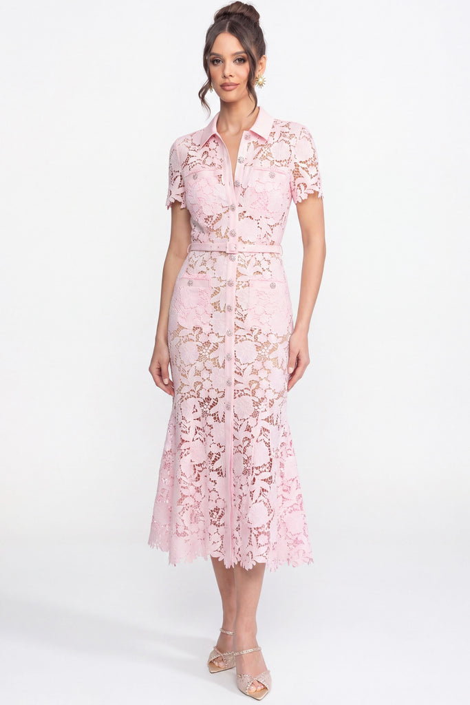 Lace Short Sleeve Midi Dress With Collared Neckline And Belted Waist - Pink