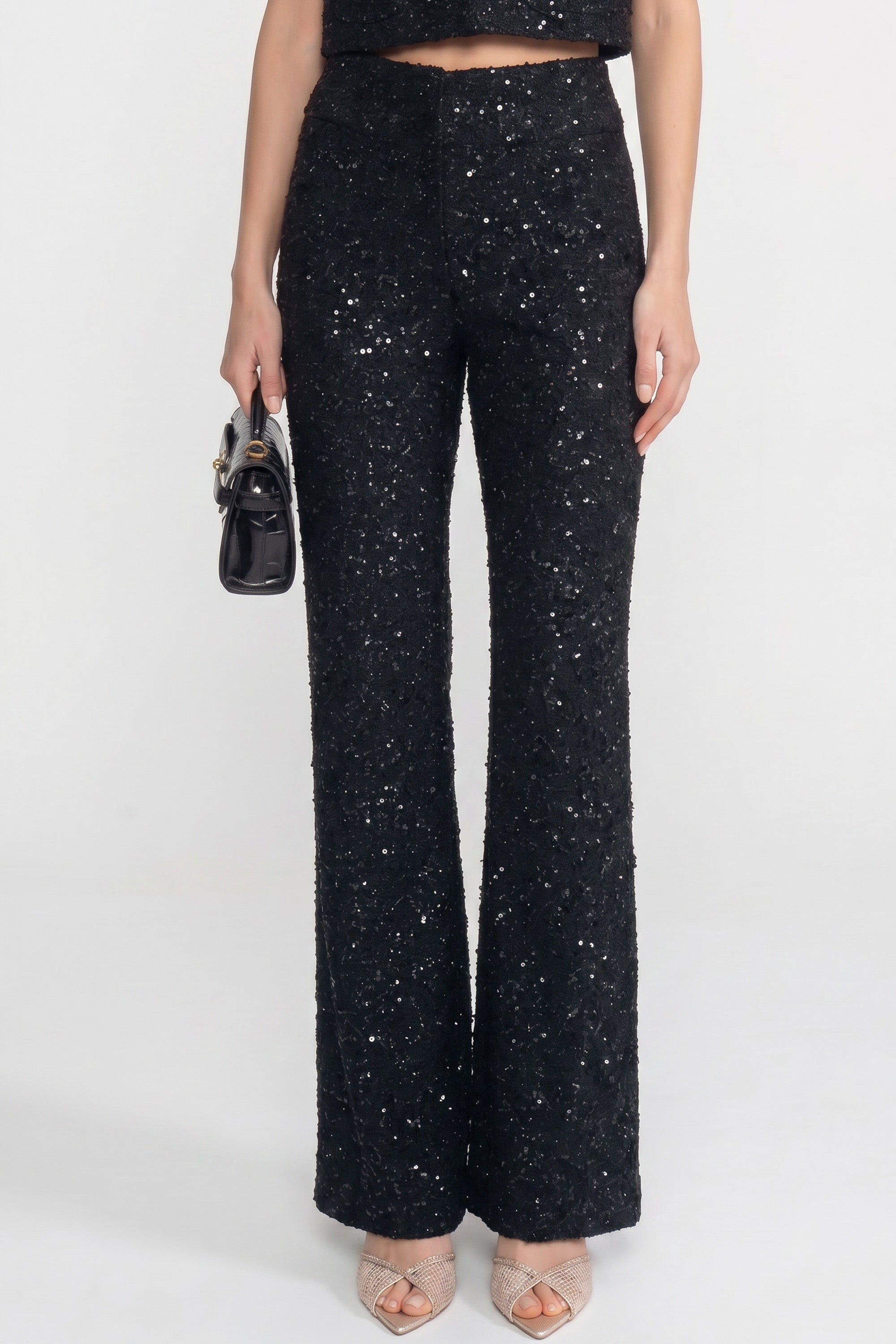 Pantaloni in tweed a gamba larga con dettaglio di paillettes - Nero 