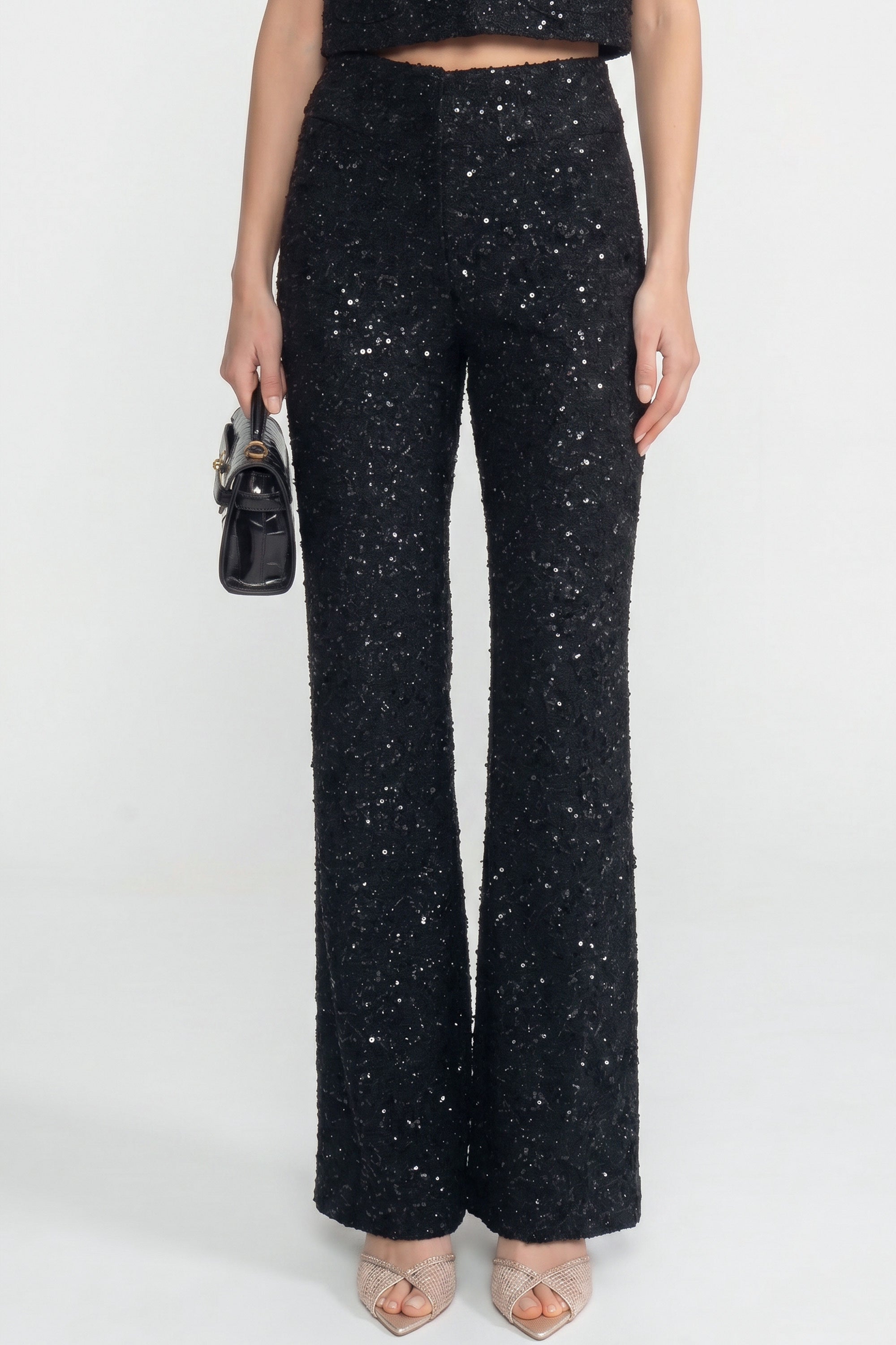 Pantaloni in tweed a gamba larga con dettaglio di paillettes - Nero 
