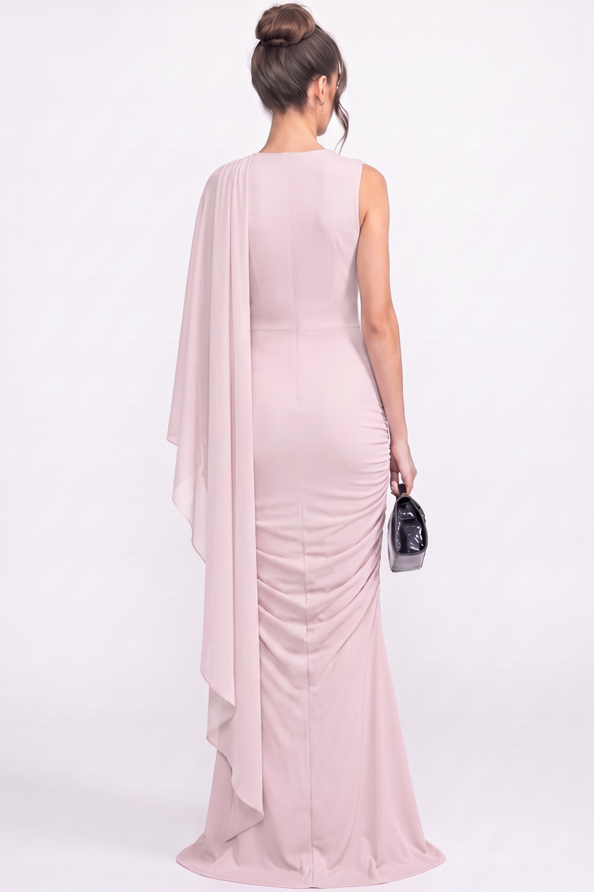 One-Shoulder Draped Maxi Dress With Sheer Scarf Detail - Pink