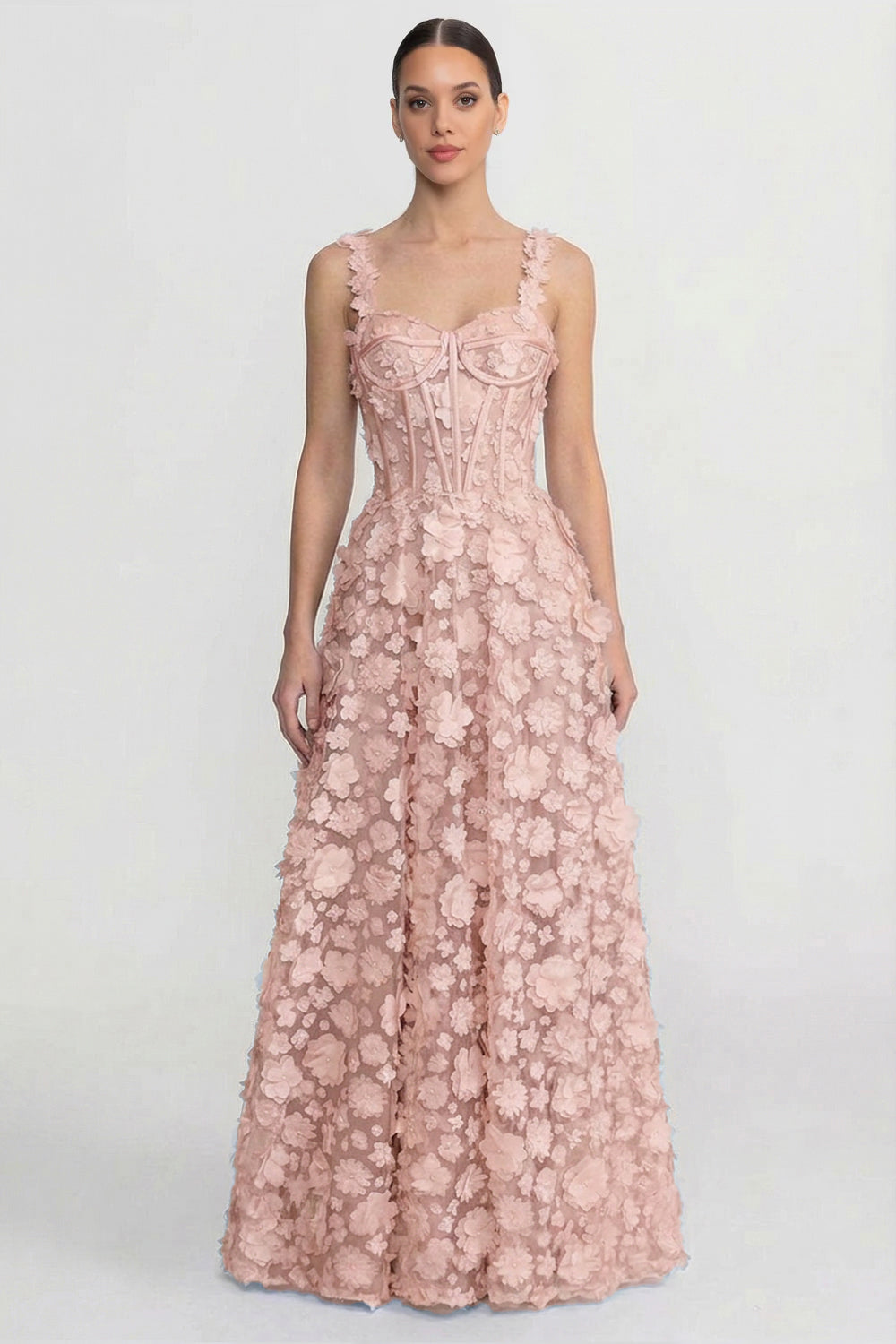 Abito Maxi con Applicazioni Floreali e Corpino a Corsetto - Rosa 