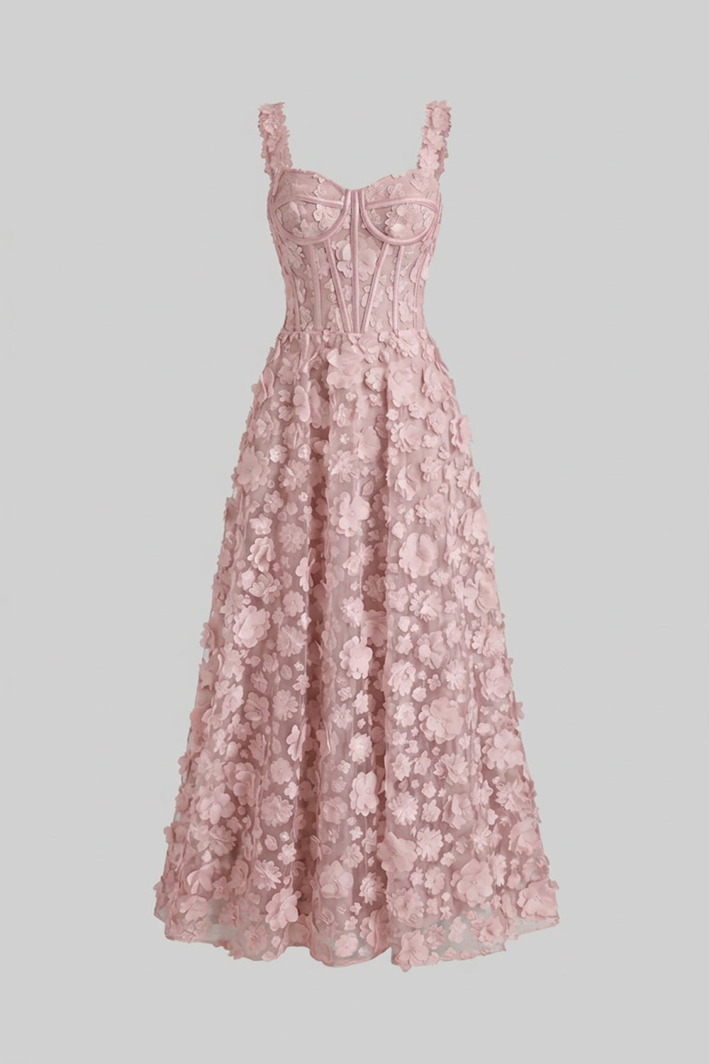 Abito Maxi con Applicazioni Floreali e Corpino a Corsetto - Rosa 