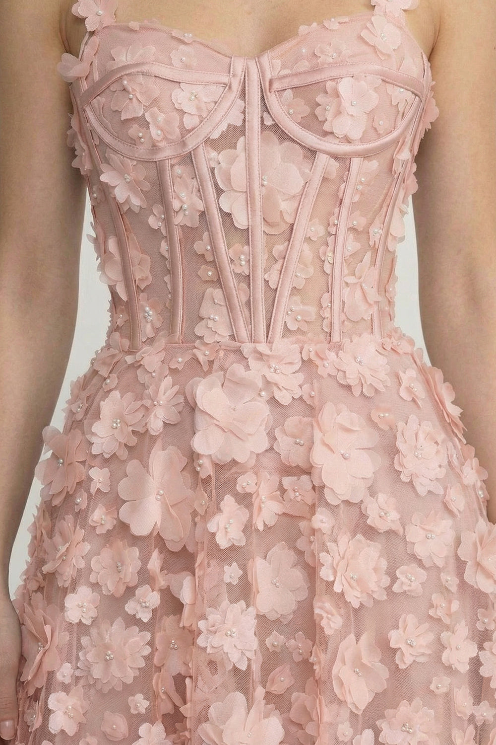 Abito Maxi con Applicazioni Floreali e Corpino a Corsetto - Rosa 