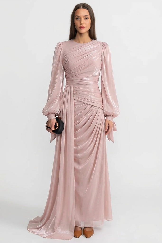 Abito lungo drappeggiato a maniche lunghe con vita arricciata – Blush Pink 