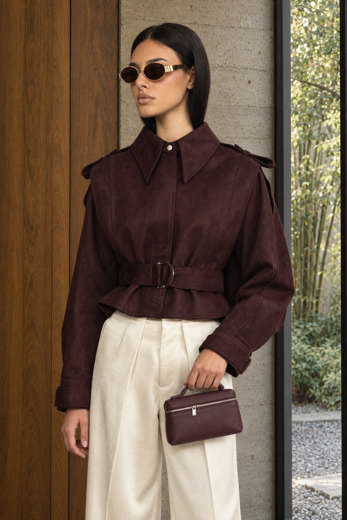 Giacca mantella in suede con cintura - Burgundy 