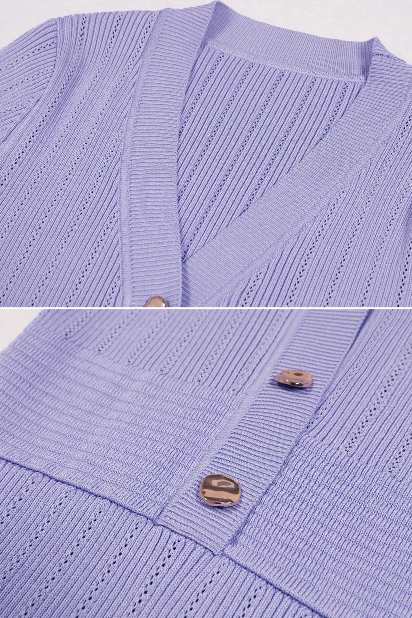 Ribbed Short Sleeve Midi Dress With Gold Button V-Neckline - Lilac