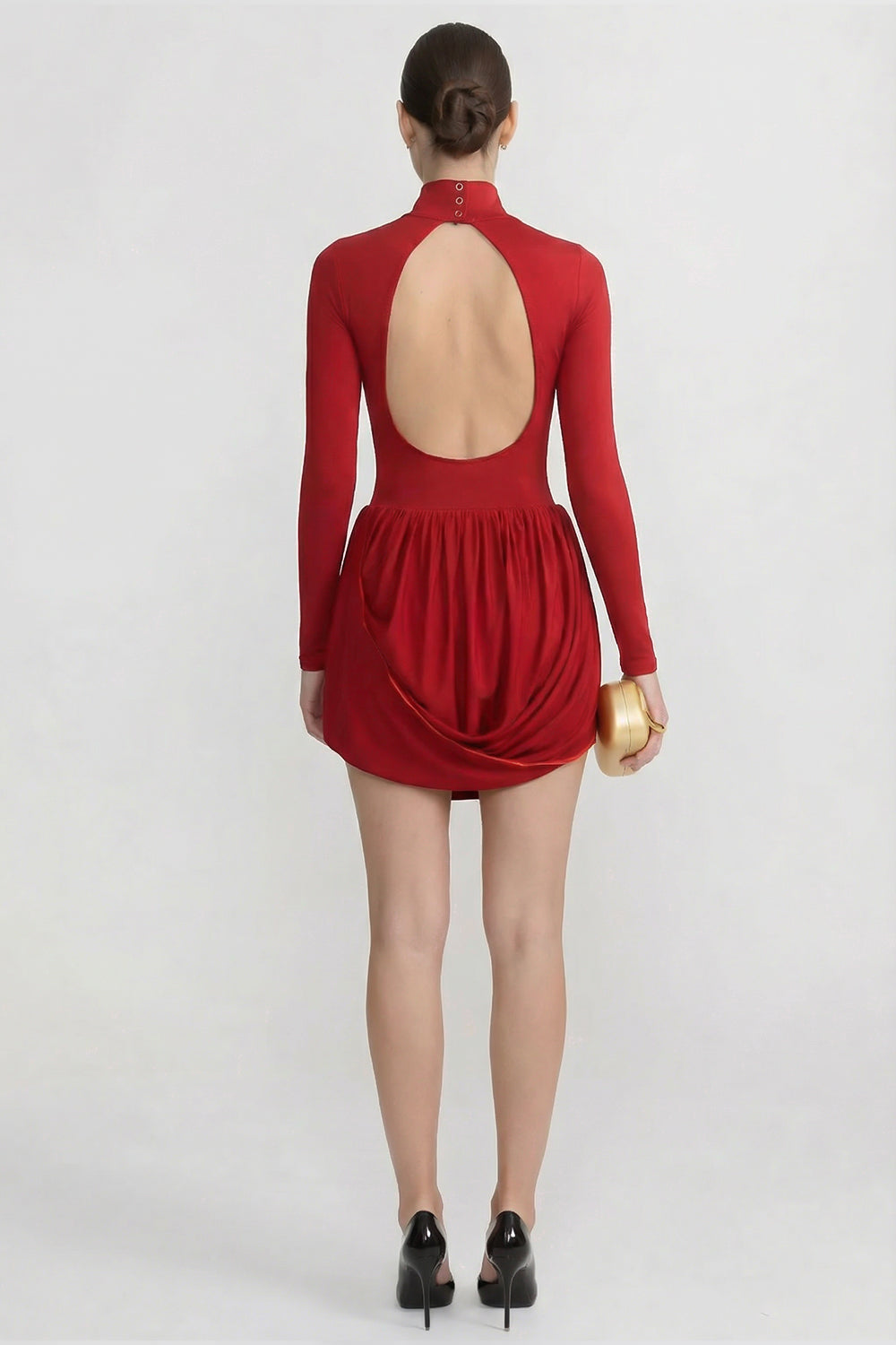 Abito Mini a Maniche Lunghe con Gonna a Bolle Drappeggiata - Rosso 