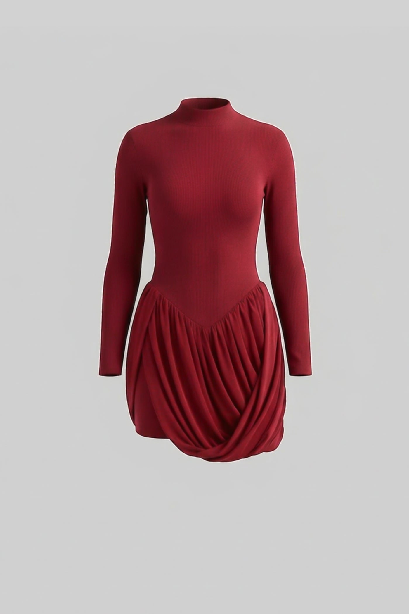 Abito Mini a Maniche Lunghe con Gonna a Bolle Drappeggiata - Rosso 