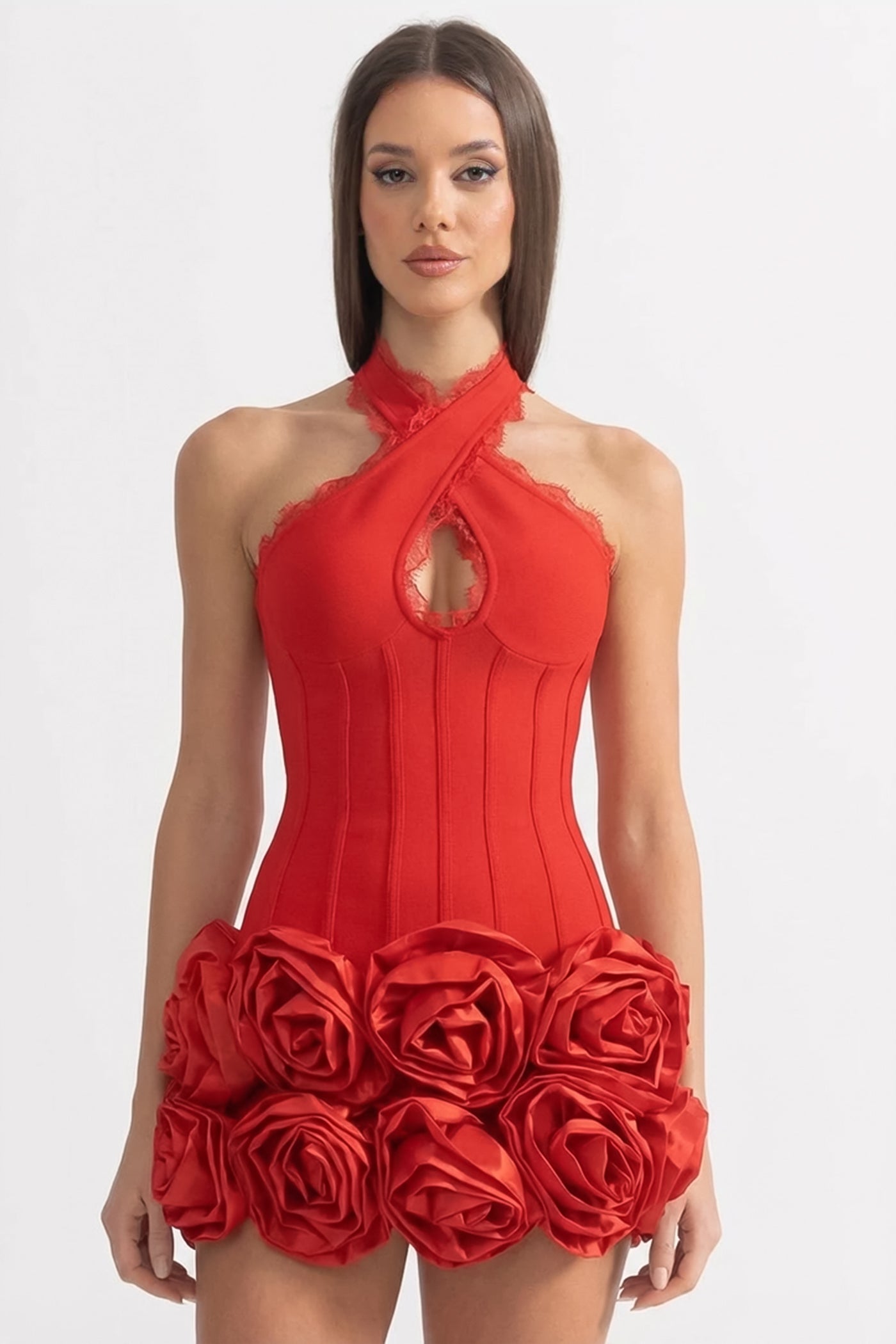 Halter Corset Mini Dress with 3D Rose Hem – Red