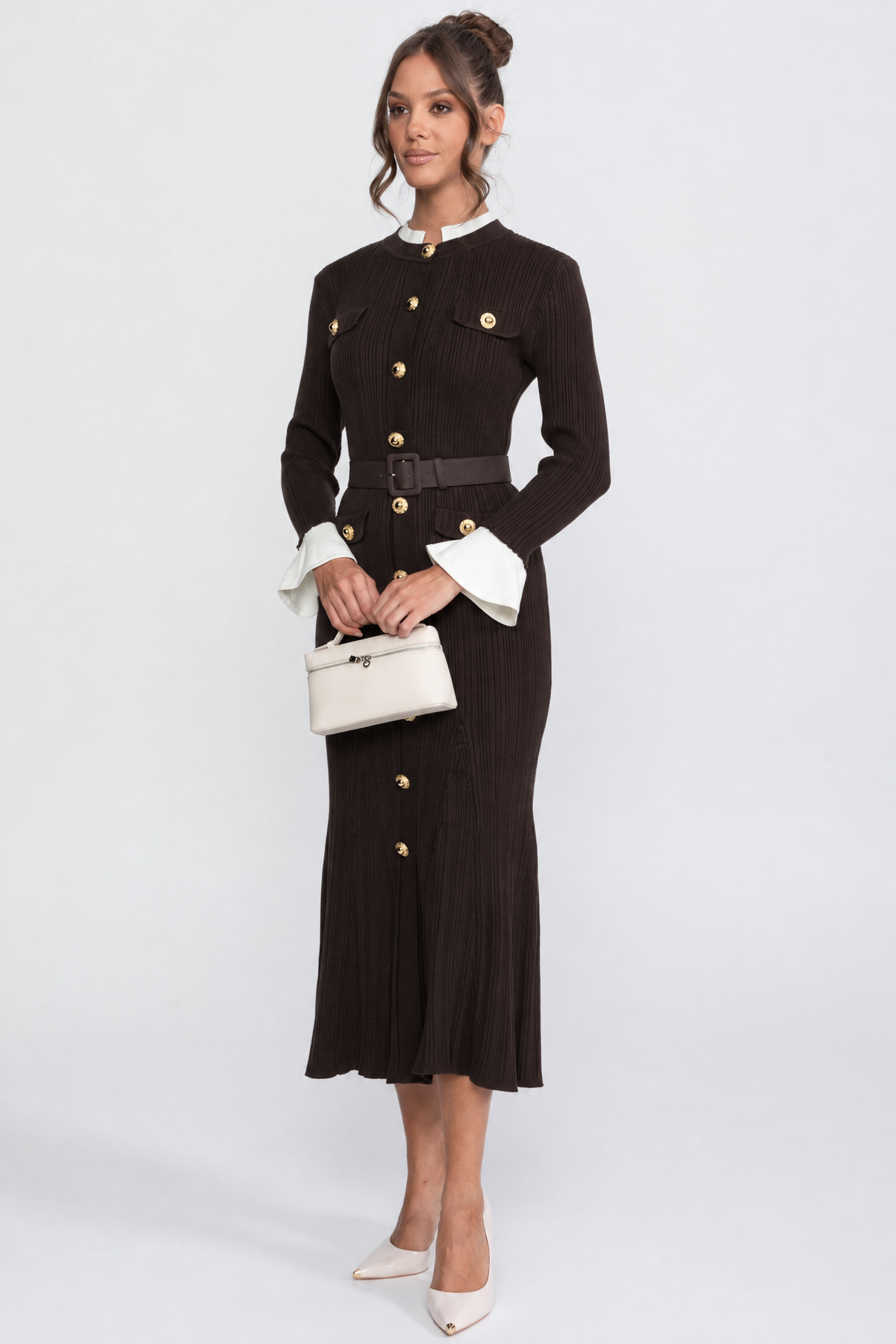 Ribbed Knit Belted Midi Dress With White Cuffs And Collar - Brown