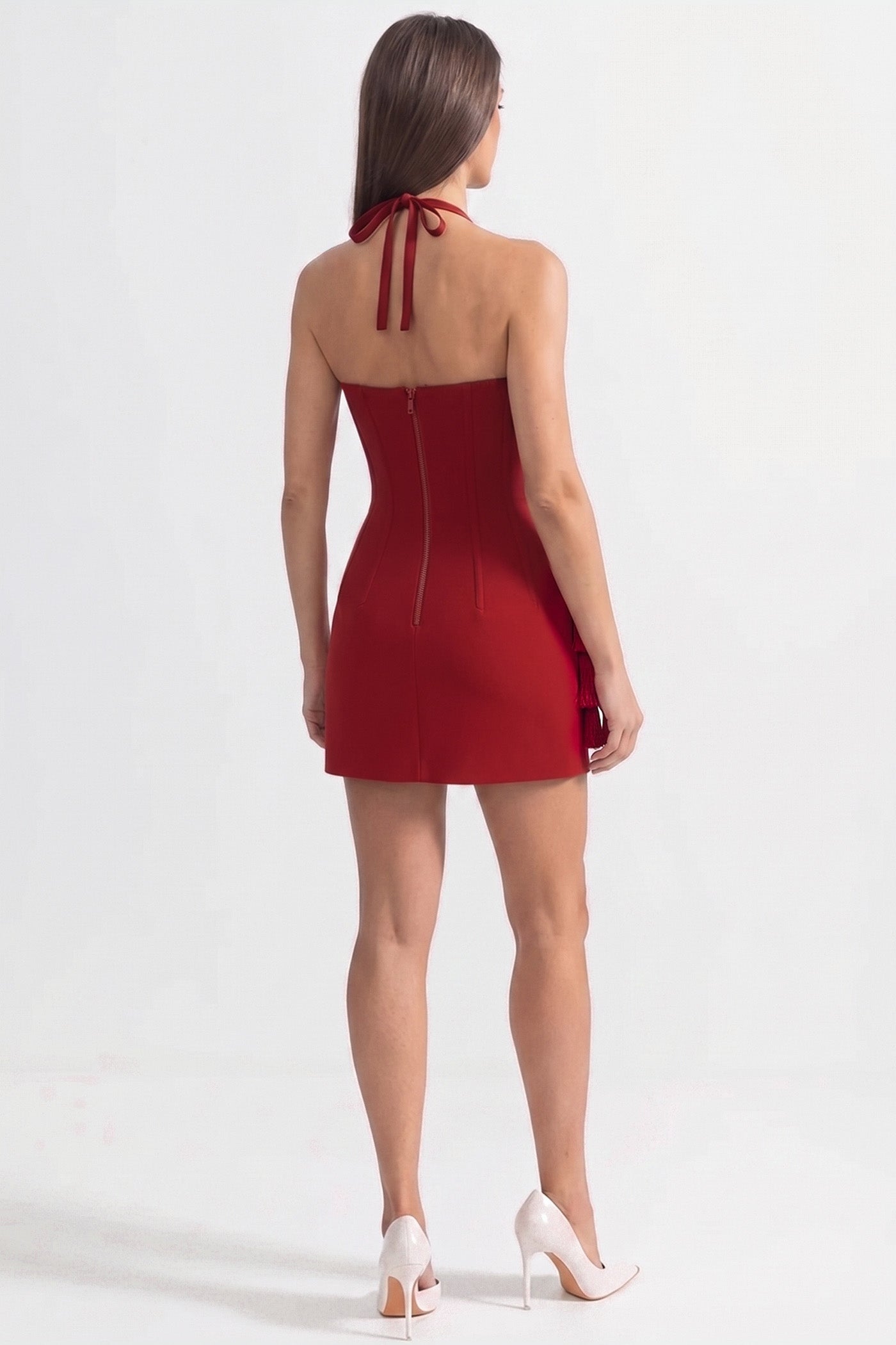 Abito Mini Corsetto con Orlo Floreale Scolpito – Rosso 