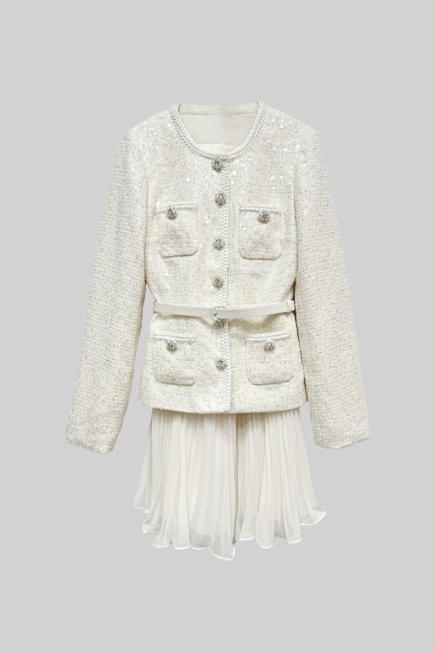 Textured Mini Dress With Pockets And Sheer Pleated Skirt - Beige