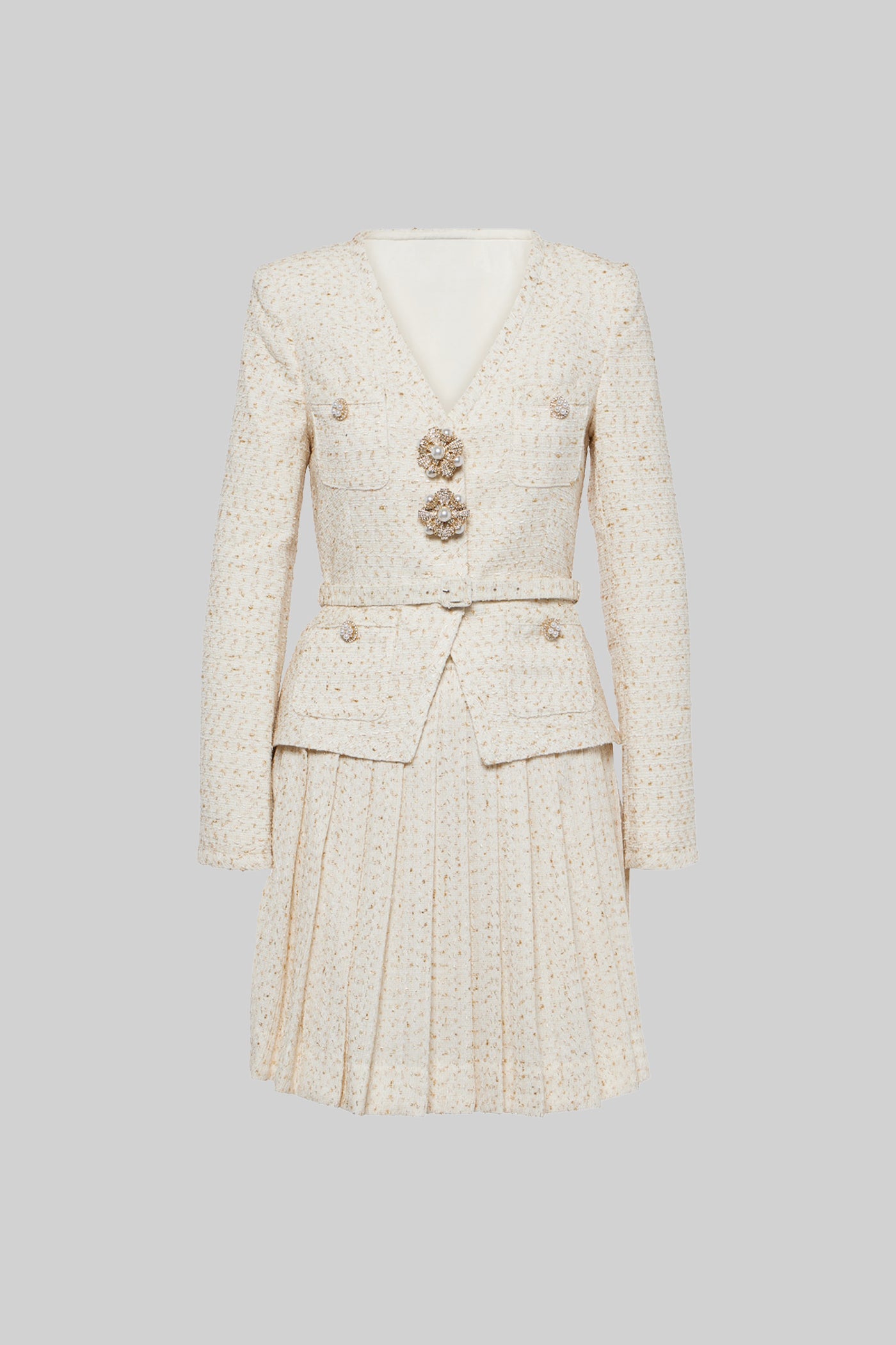 Set coordinato testurizzato con top a maniche lunghe e minigonna plissettata abbinata - Ivoire 