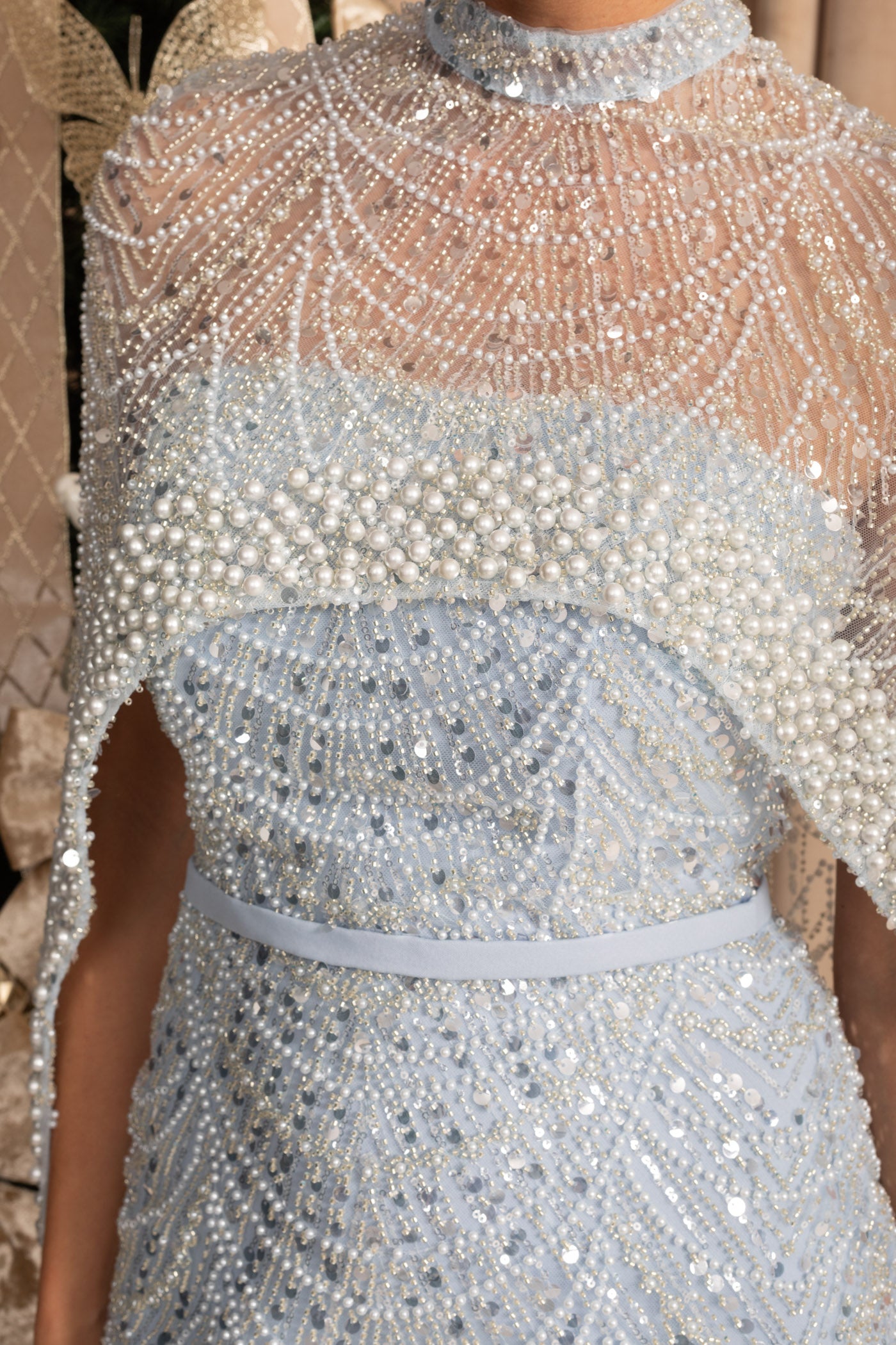 Abito Glamour con Perline e Velo Staccabile - Blu 