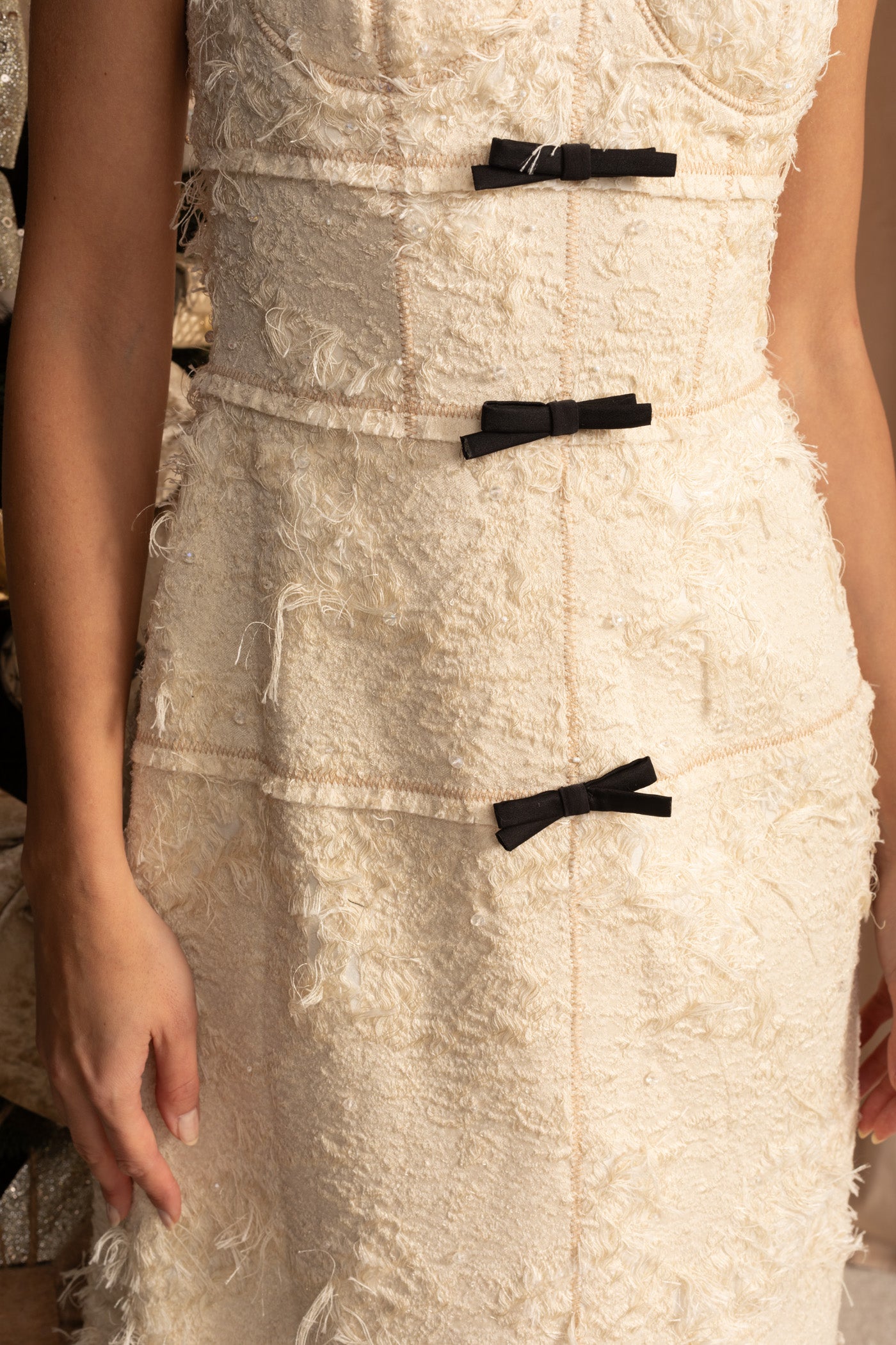 Textured Tweed Midi Dress With Contrast Straps and Bow Detailing – Ivoire