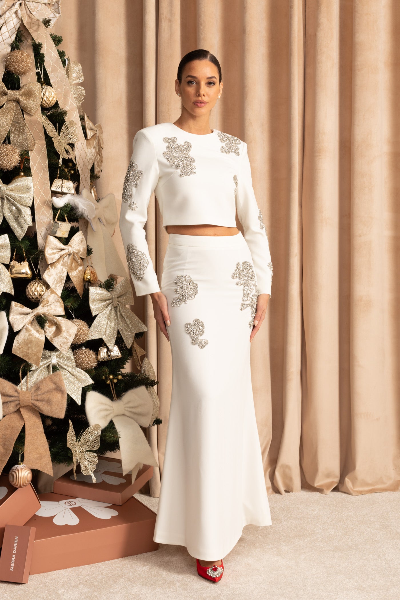 Embellished Co-Ord Set with Sparkling Crystal Embellishments - White