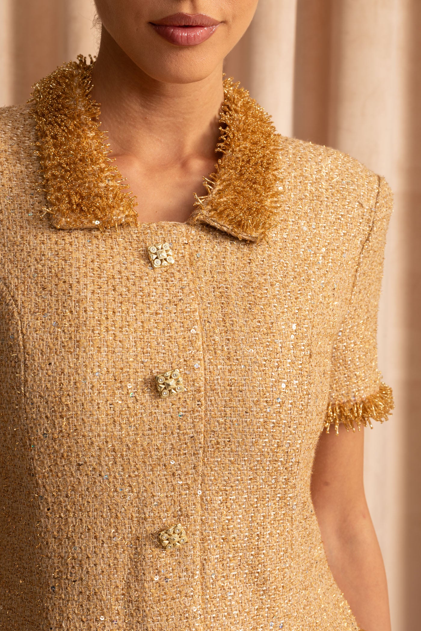 Short Sleeve Tweed Mini Dress With Metallic Fringe Trim – Gold