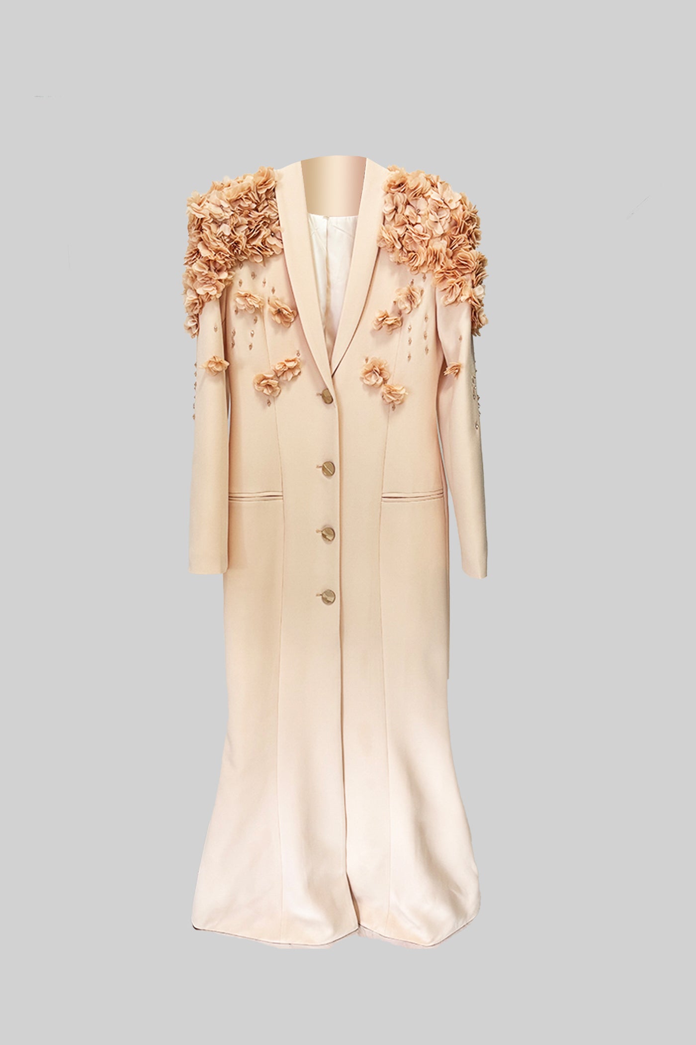 Long Blazer With 3D Contrasting Floral Shoulder And Back Accents - Peach