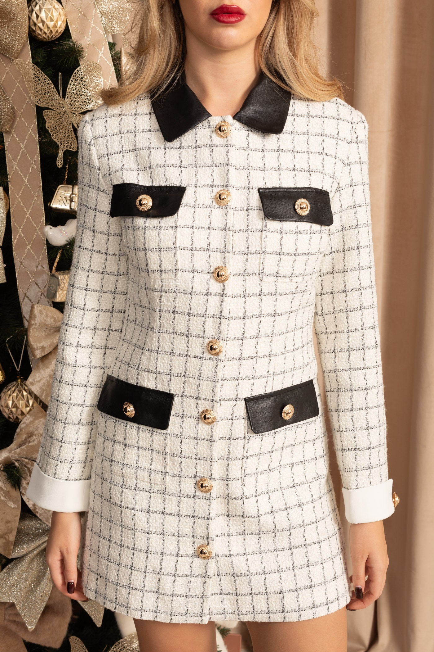 Long Sleeve Tweed Mini Dress With Contrasting Leather Details – White And Black
