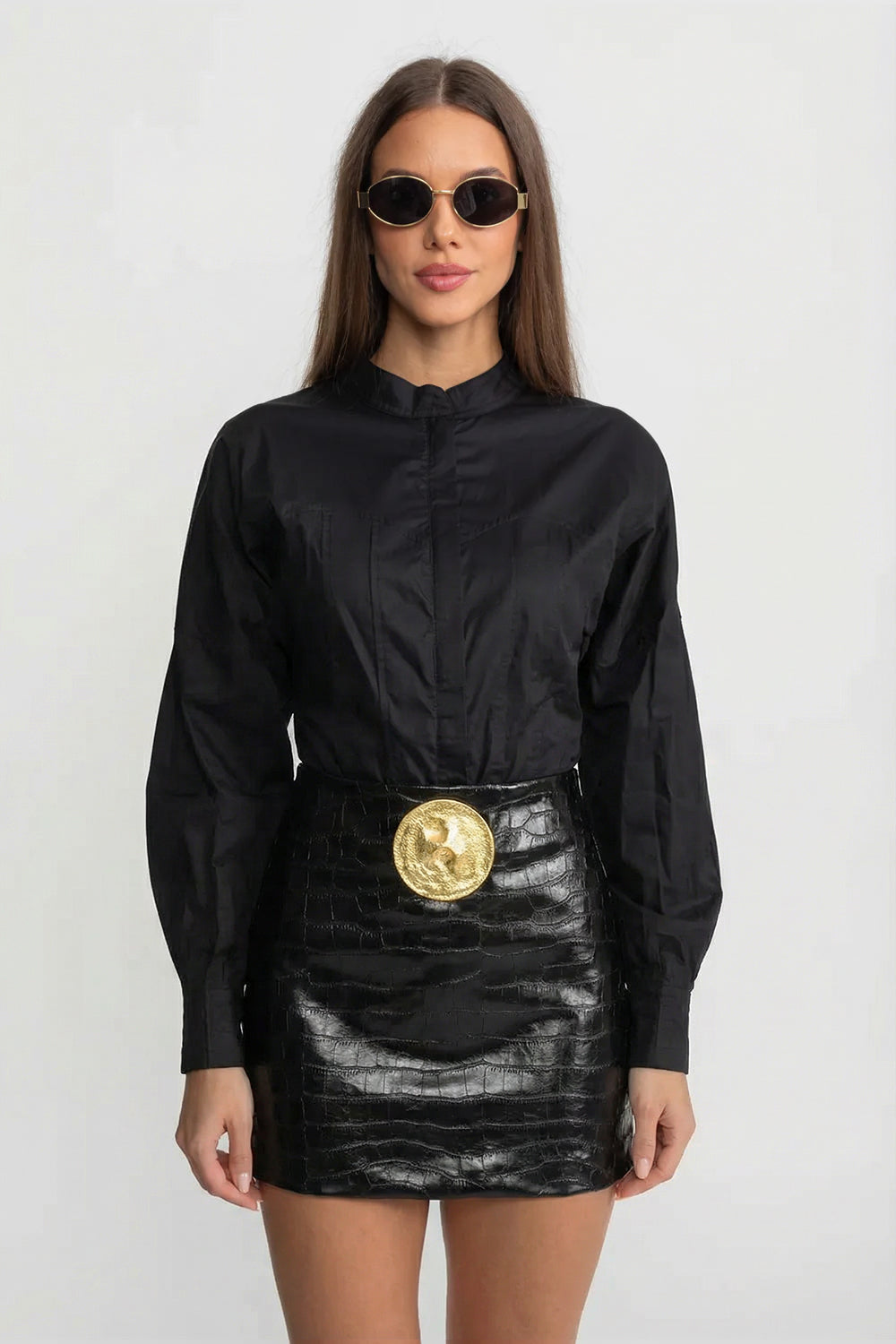 Minigonna Effetto Coccodrillo con Bottone Oro Statement - Nero 