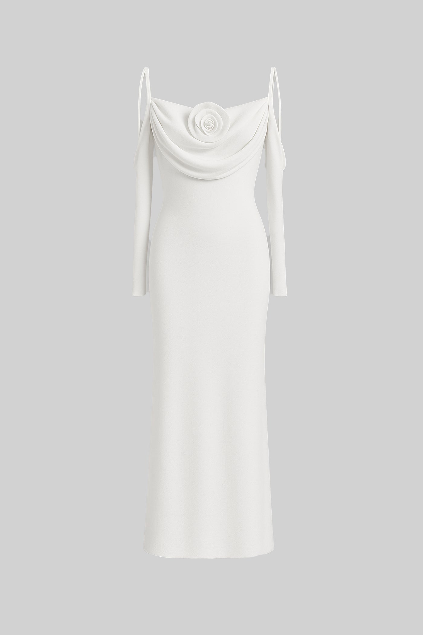 Elegant Flowing Dress With Long Sleeves, Top Draping And Central Rose Adornment - White