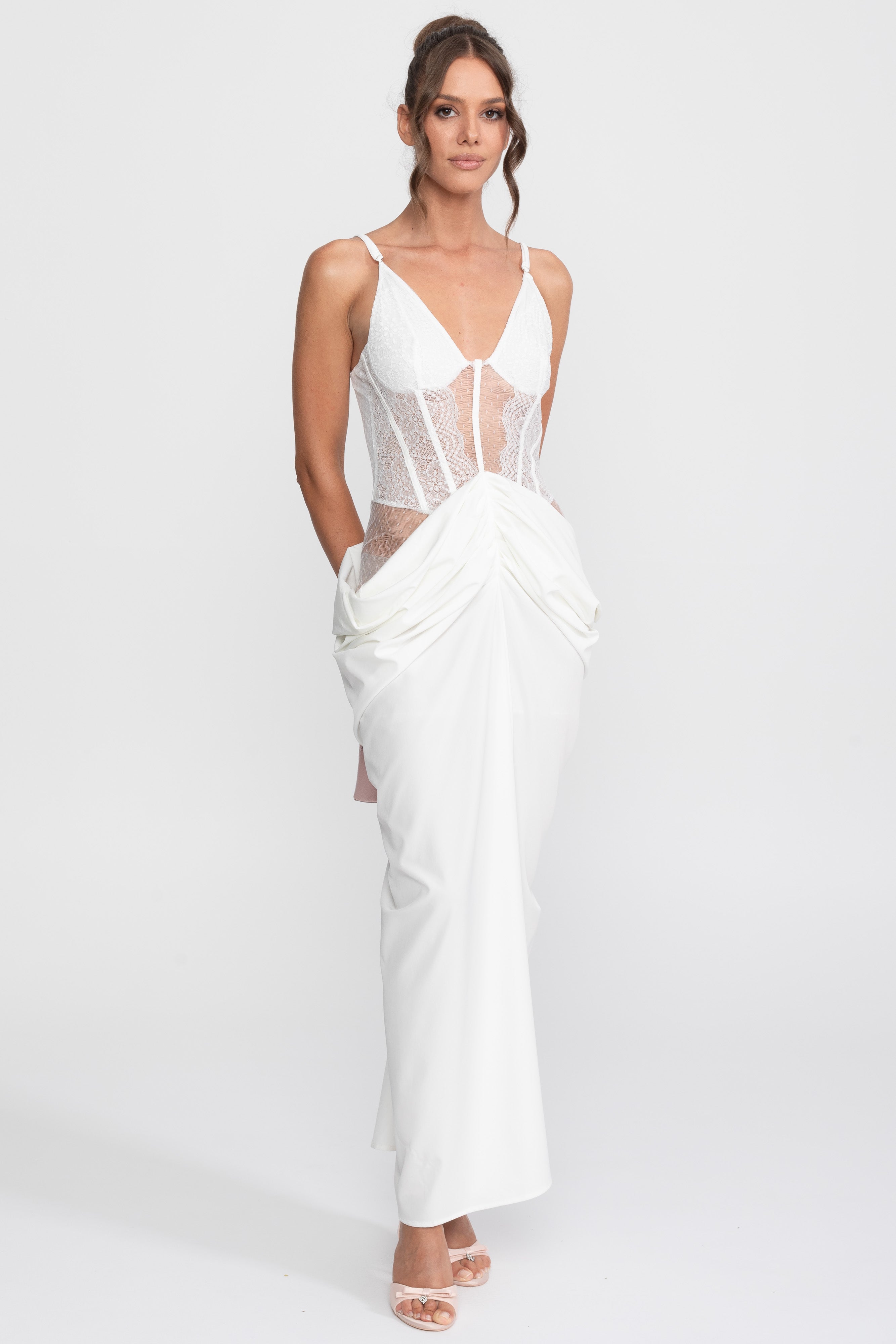 Lace Bodice Draped Gown With Spaghetti Straps - White