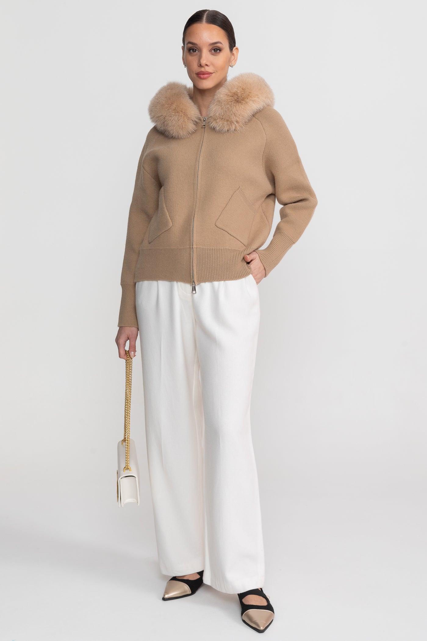 Felpa con zip in lana con collo in pelliccia di volpe – Marrone 