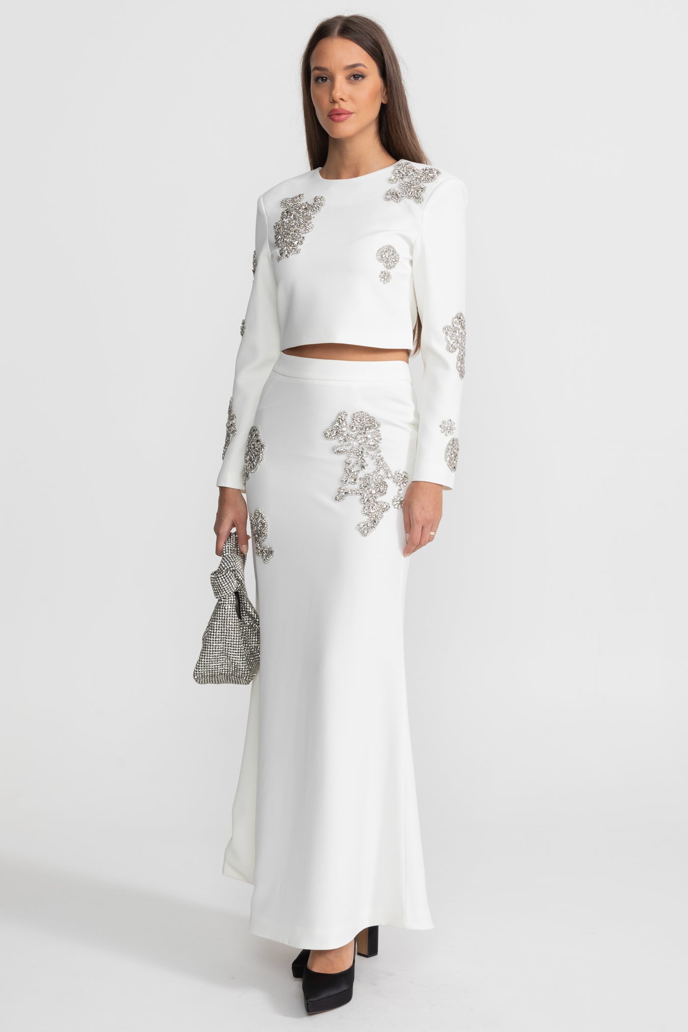 Embellished Co-Ord Set with Sparkling Crystal Embellishments - White