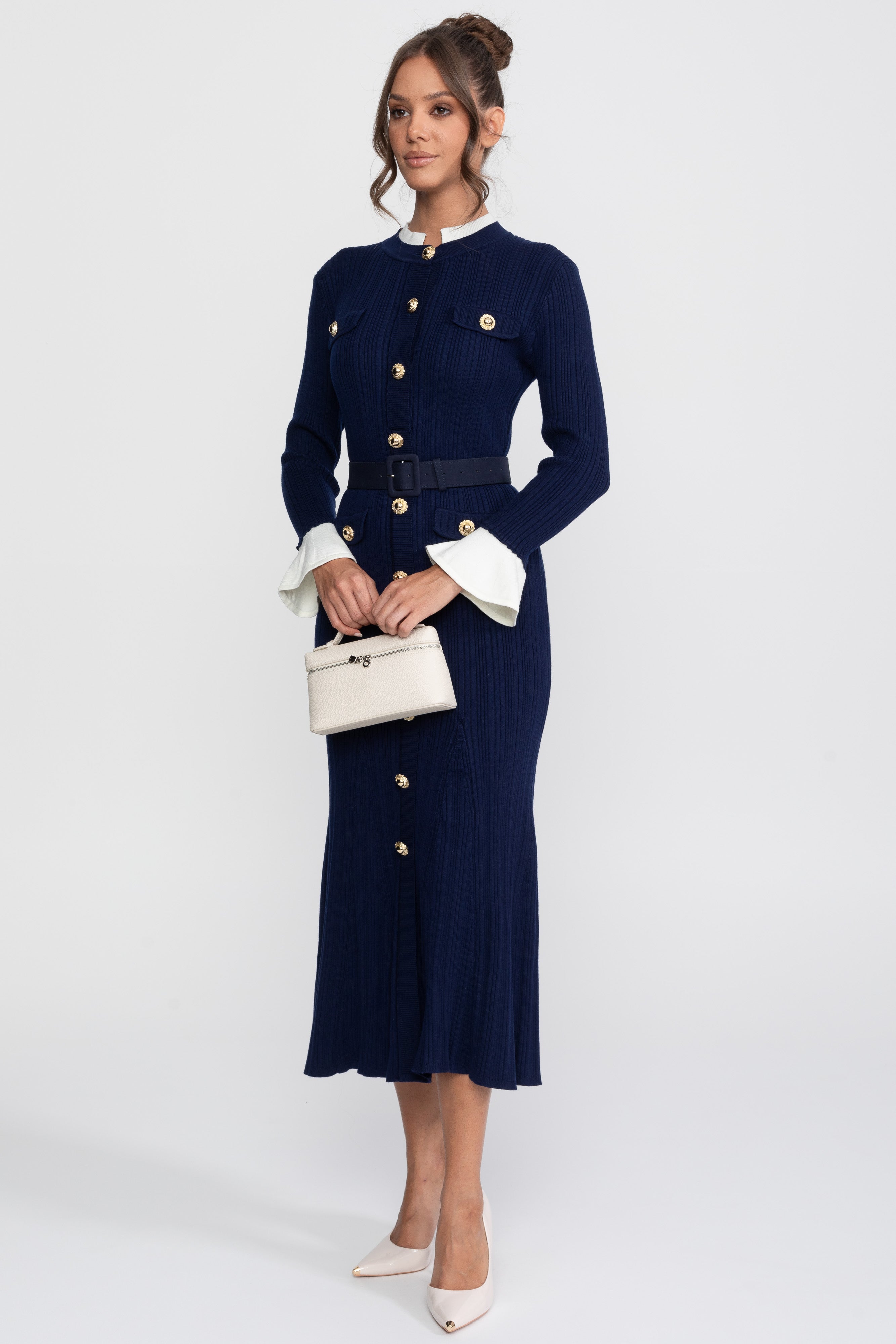 Ribbed Knit Belted Midi Dress With White Cuffs And Collar - Navy