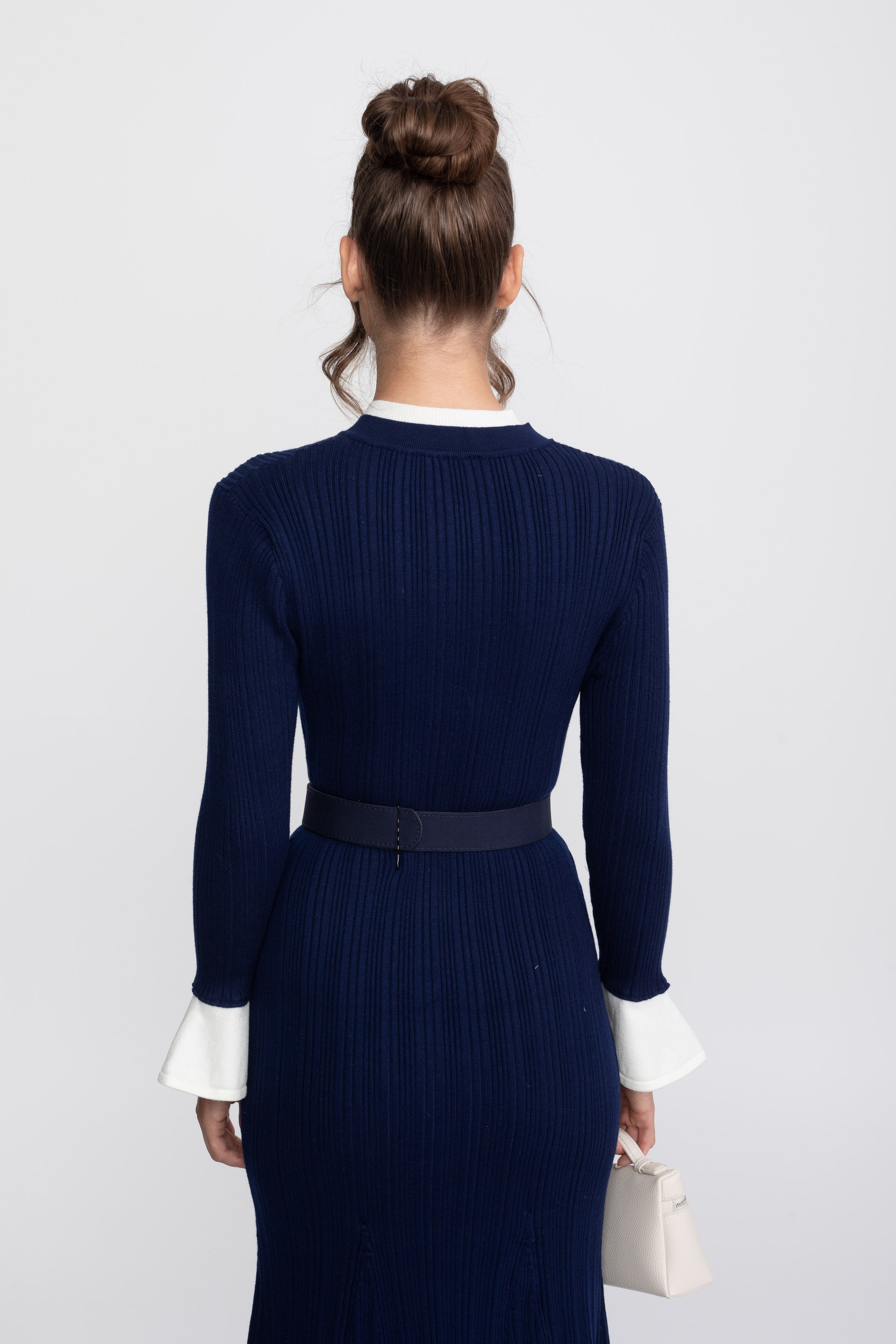 Ribbed Knit Belted Midi Dress With White Cuffs And Collar - Navy