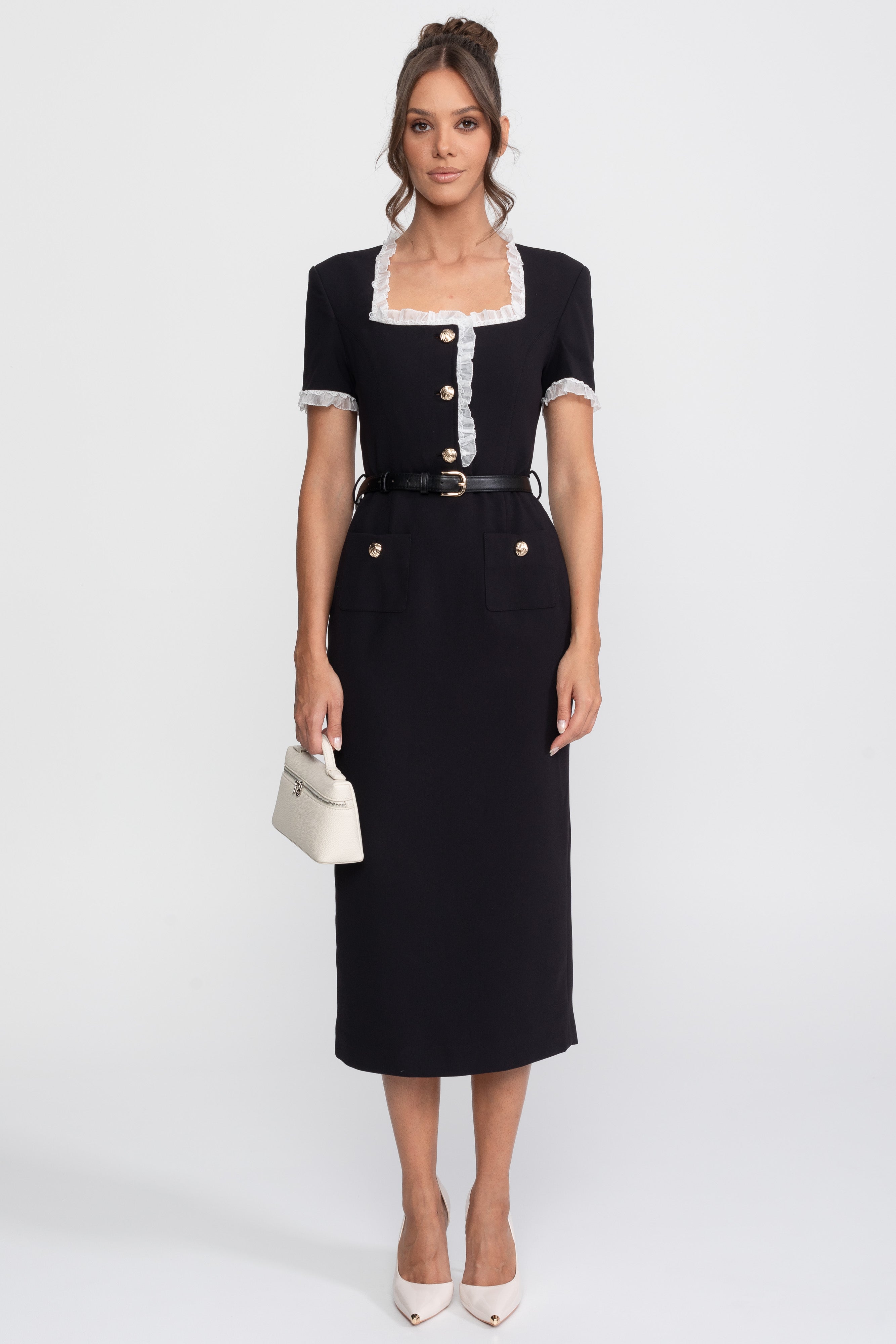 Abito Midi con Scollo Quadrato e Cintura con Rifiniture in Volant Bianco - Nero 