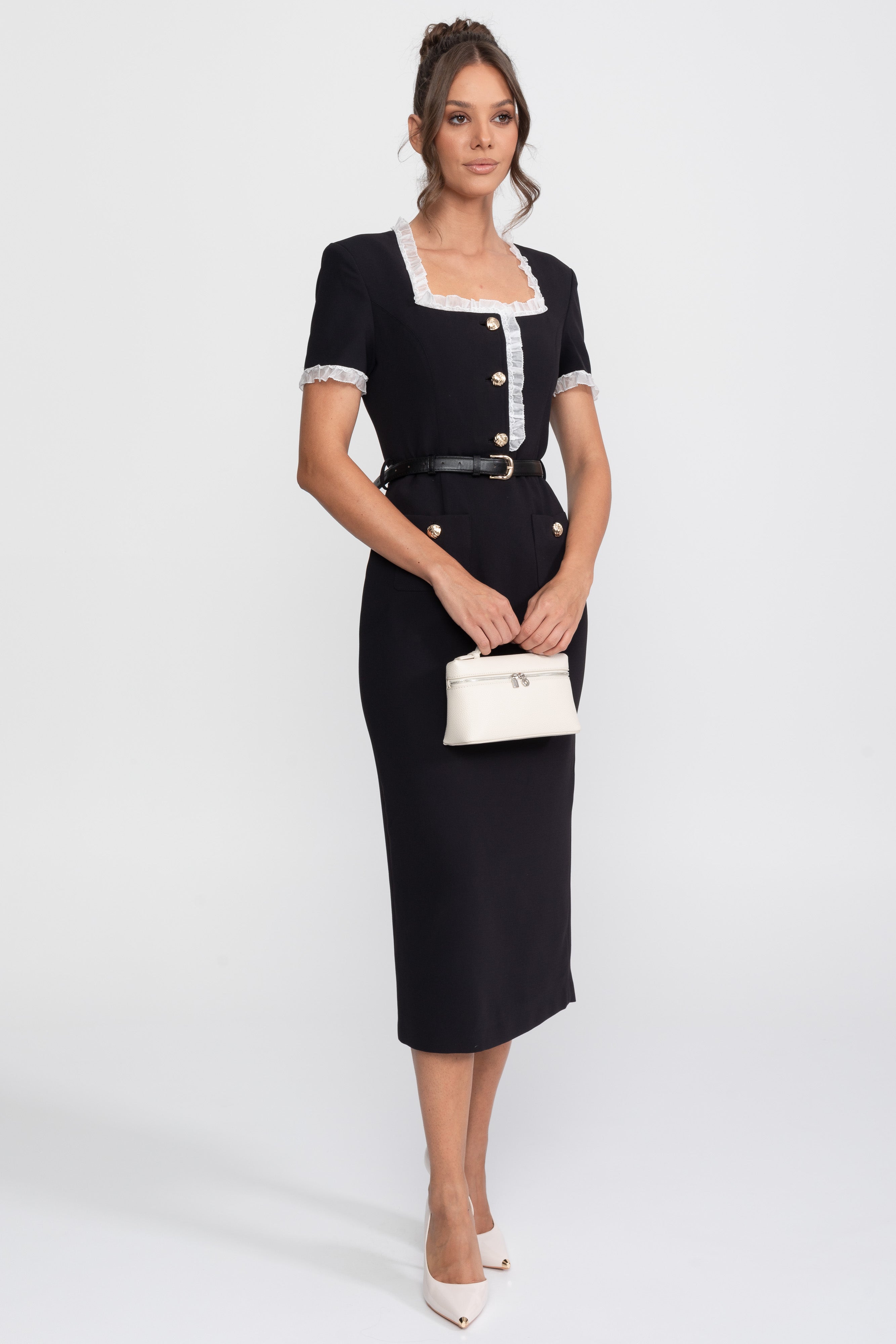 Abito Midi con Scollo Quadrato e Cintura con Rifiniture in Volant Bianco - Nero 