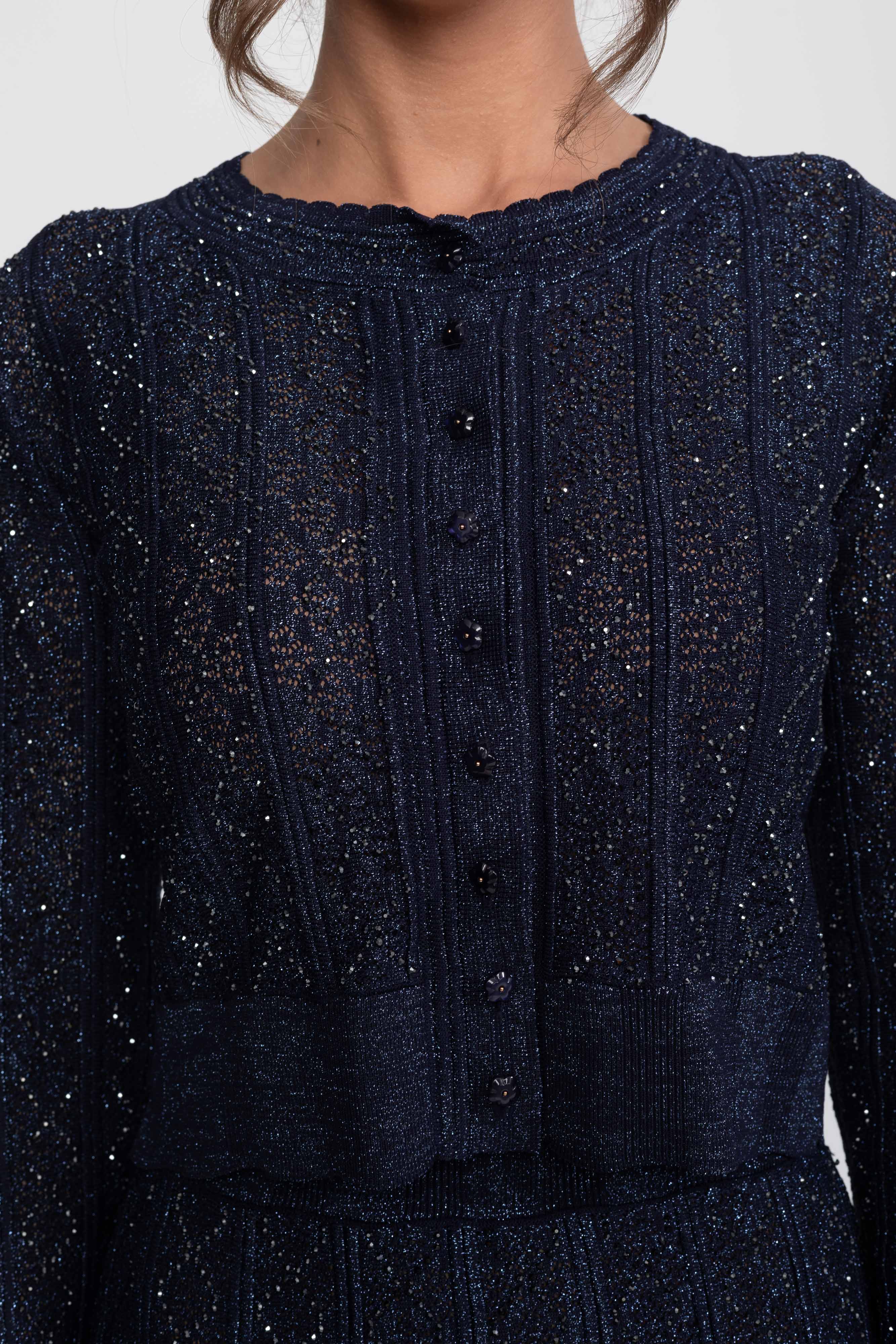 Coordinato in pizzo con motivo a ромbi, maniche lunghe e gonna maxi - Navy 