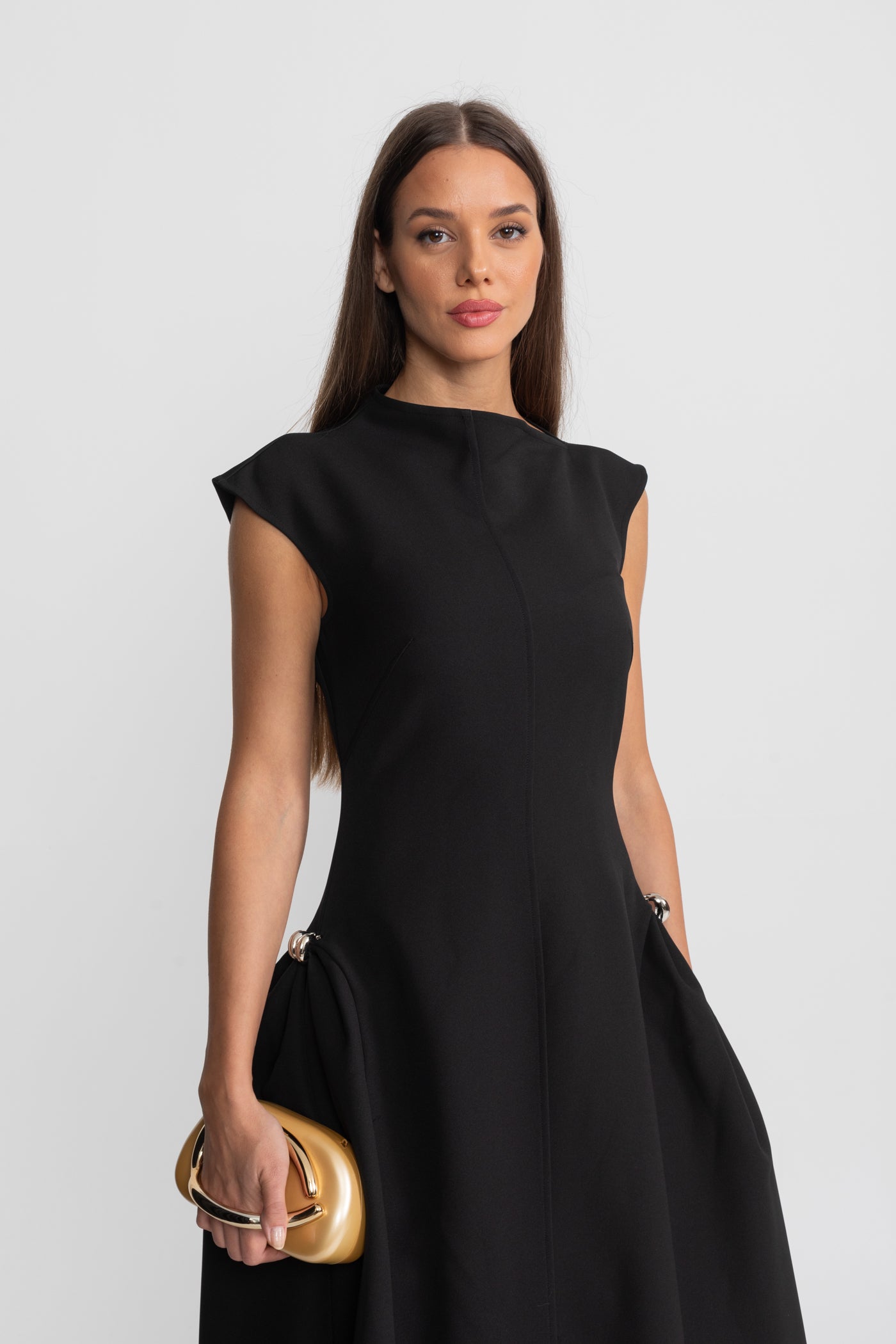 Structured Midi Dress with High-Low Hem and Metal Ring Details - Black