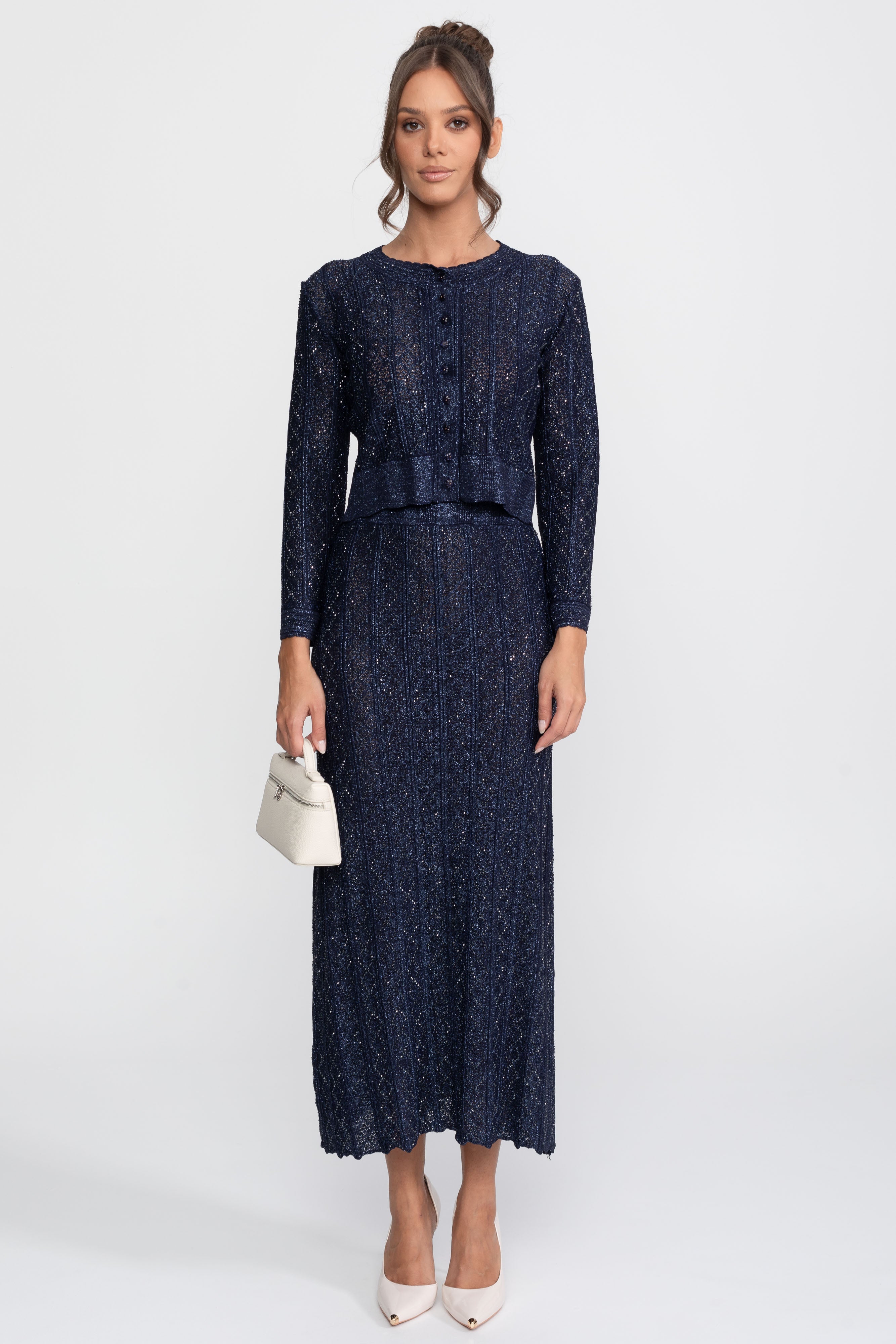 Coordinato in pizzo con motivo a ромbi, maniche lunghe e gonna maxi - Navy 
