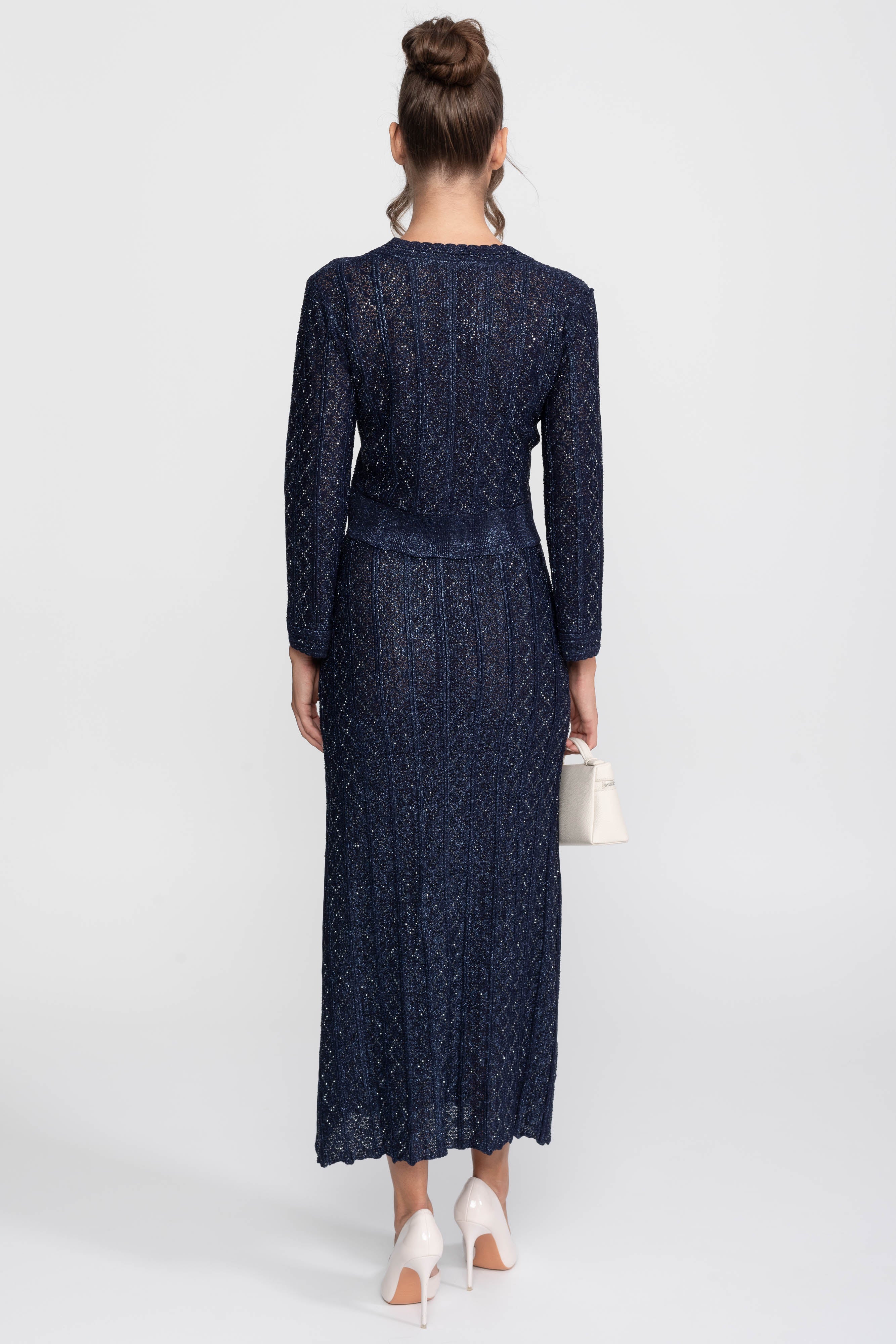 Coordinato in pizzo con motivo a ромbi, maniche lunghe e gonna maxi - Navy 