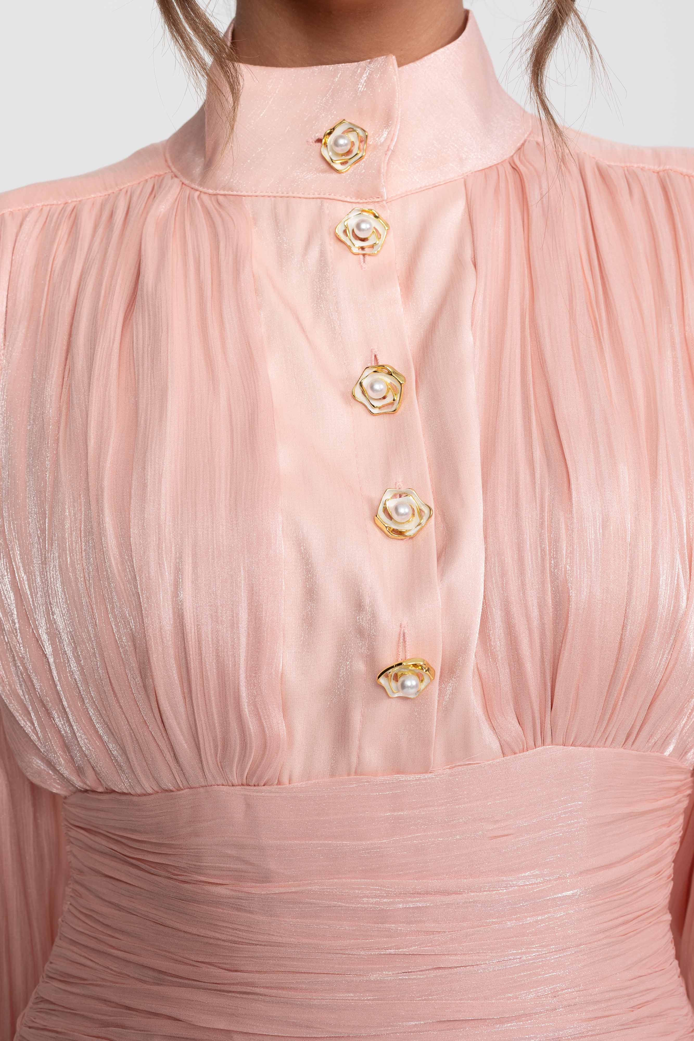 Abito maxi a balze con maniche a palloncino e bottoni rosa gioiello - Peach 