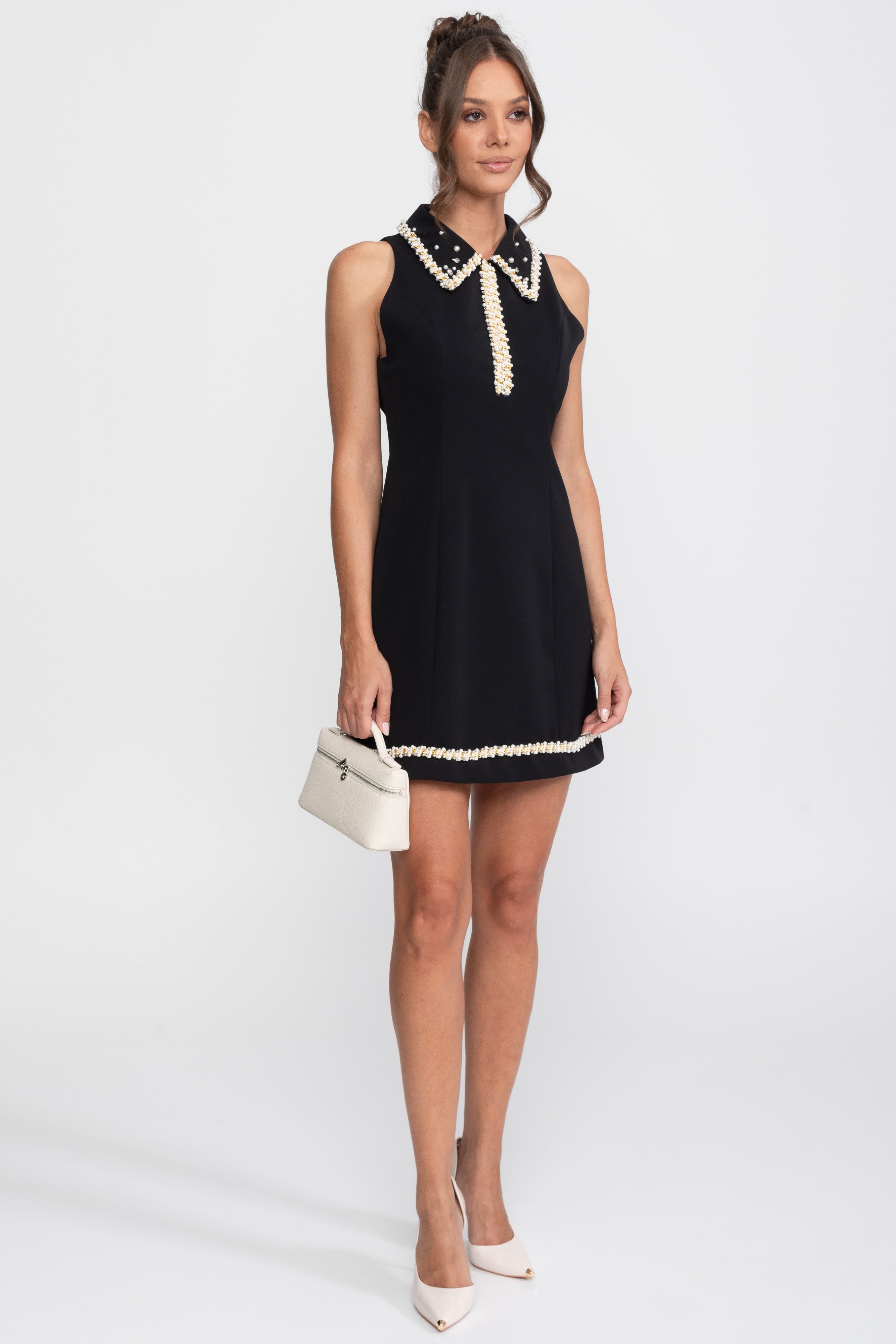 Sleeveless Pearl-Trimmed Collar Mini Dress - Black