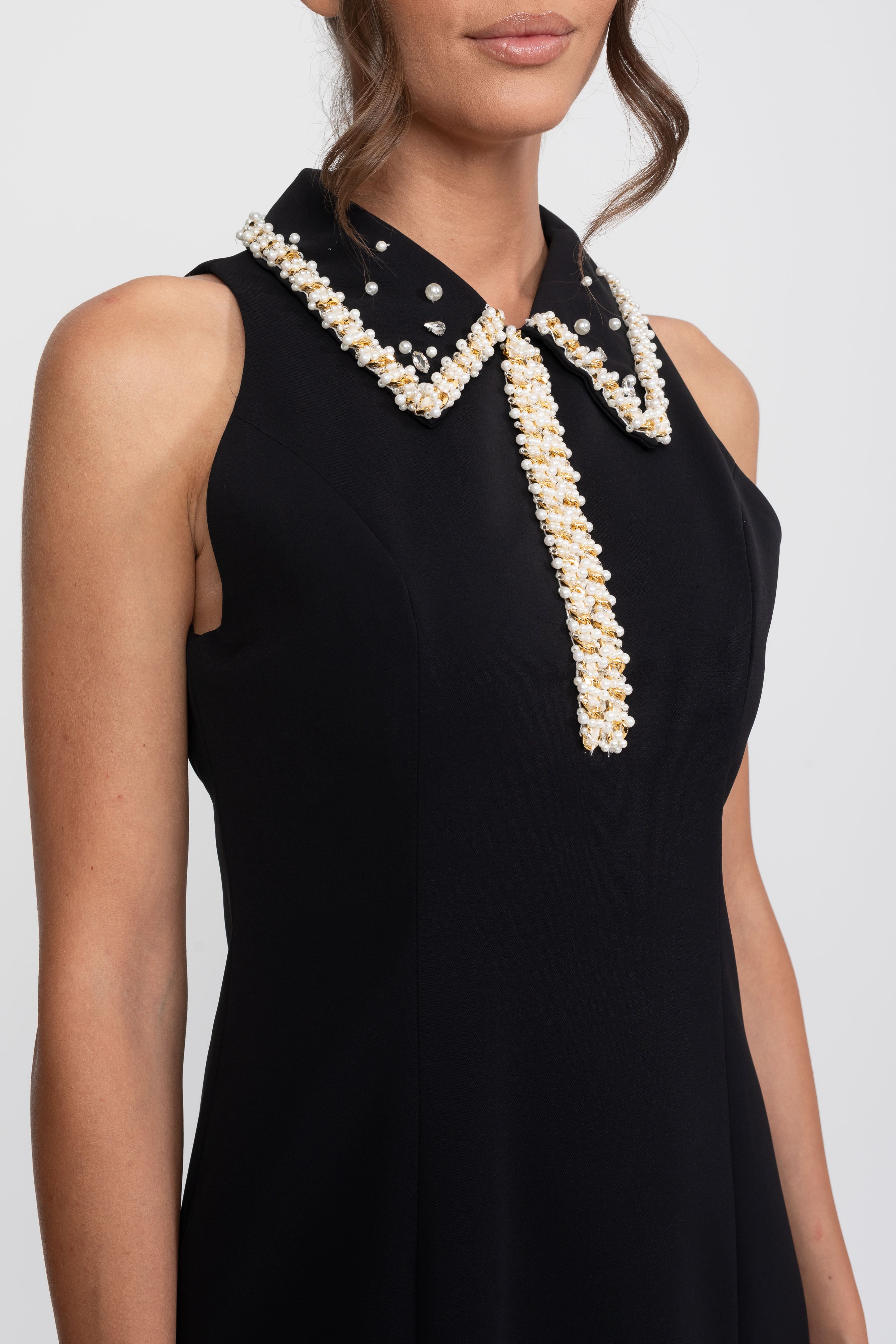 Sleeveless Pearl-Trimmed Collar Mini Dress - Black