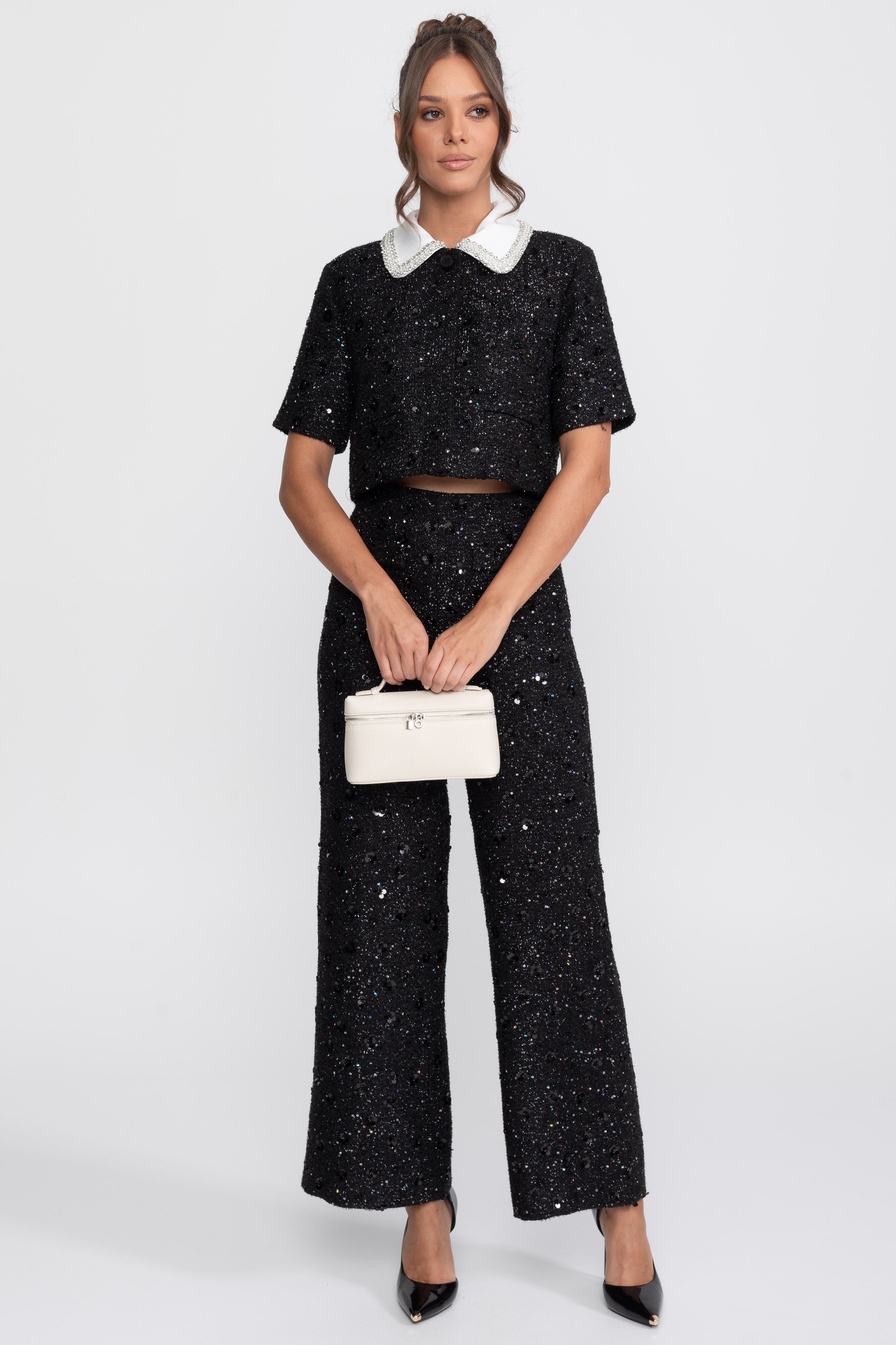 Pantaloni in tweed a gamba larga con dettaglio di paillettes - Nero 